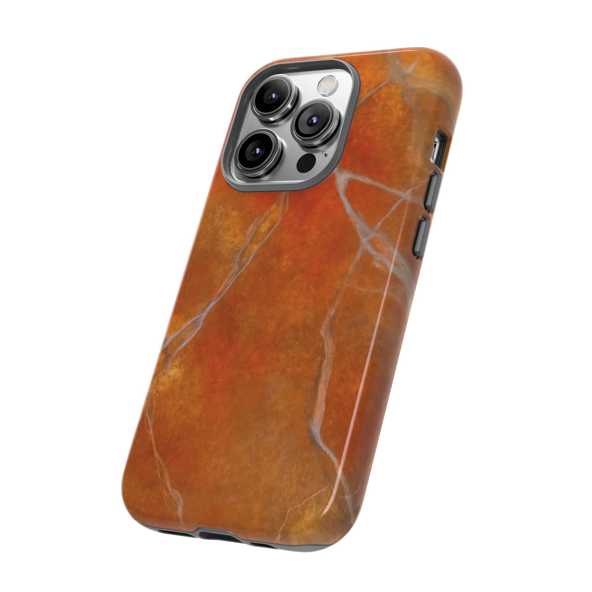 Phone case in sophisticated red orange marble design that is impact resistant tough in glossy or matte finish