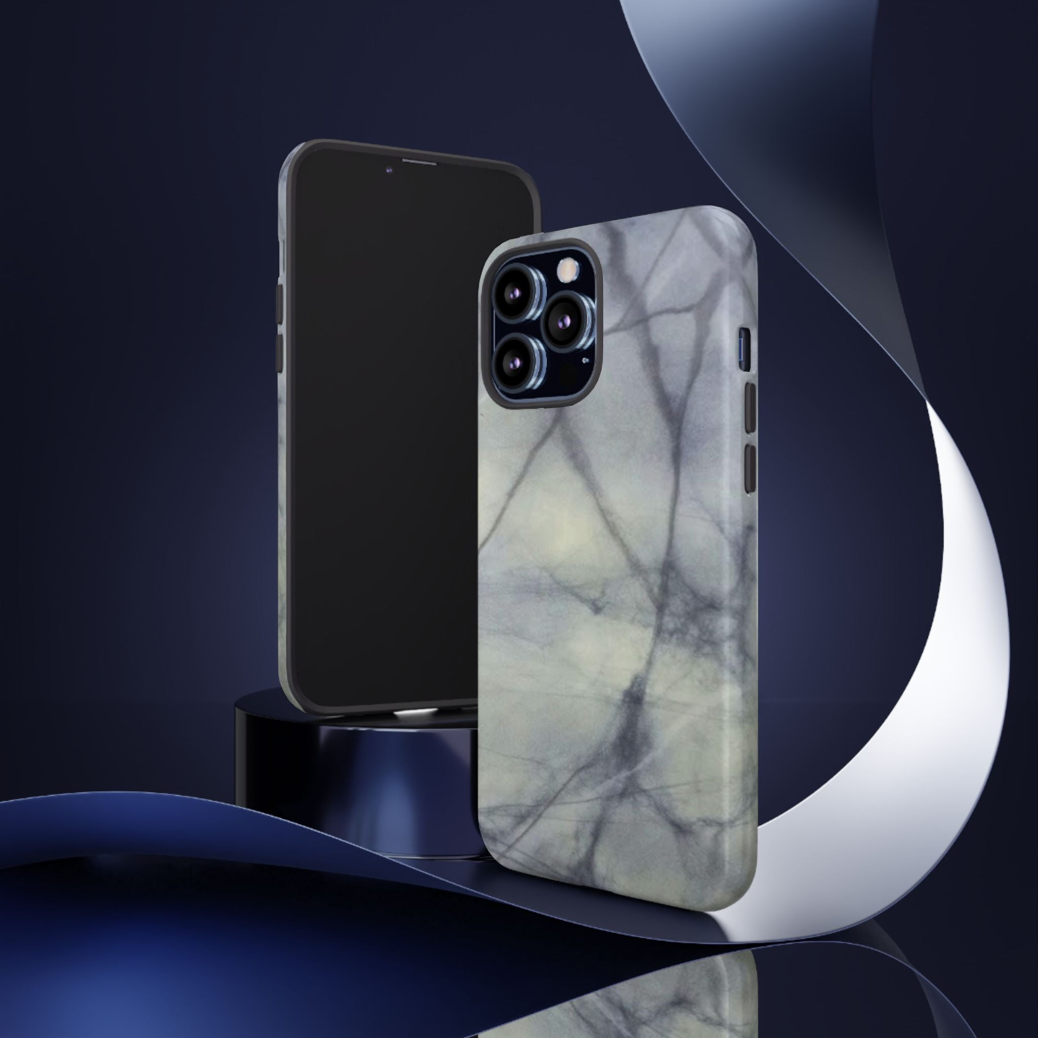 Phone case in impressive grey marble design with shock absorbing dual layer shell and UV resistance in 3D wrap