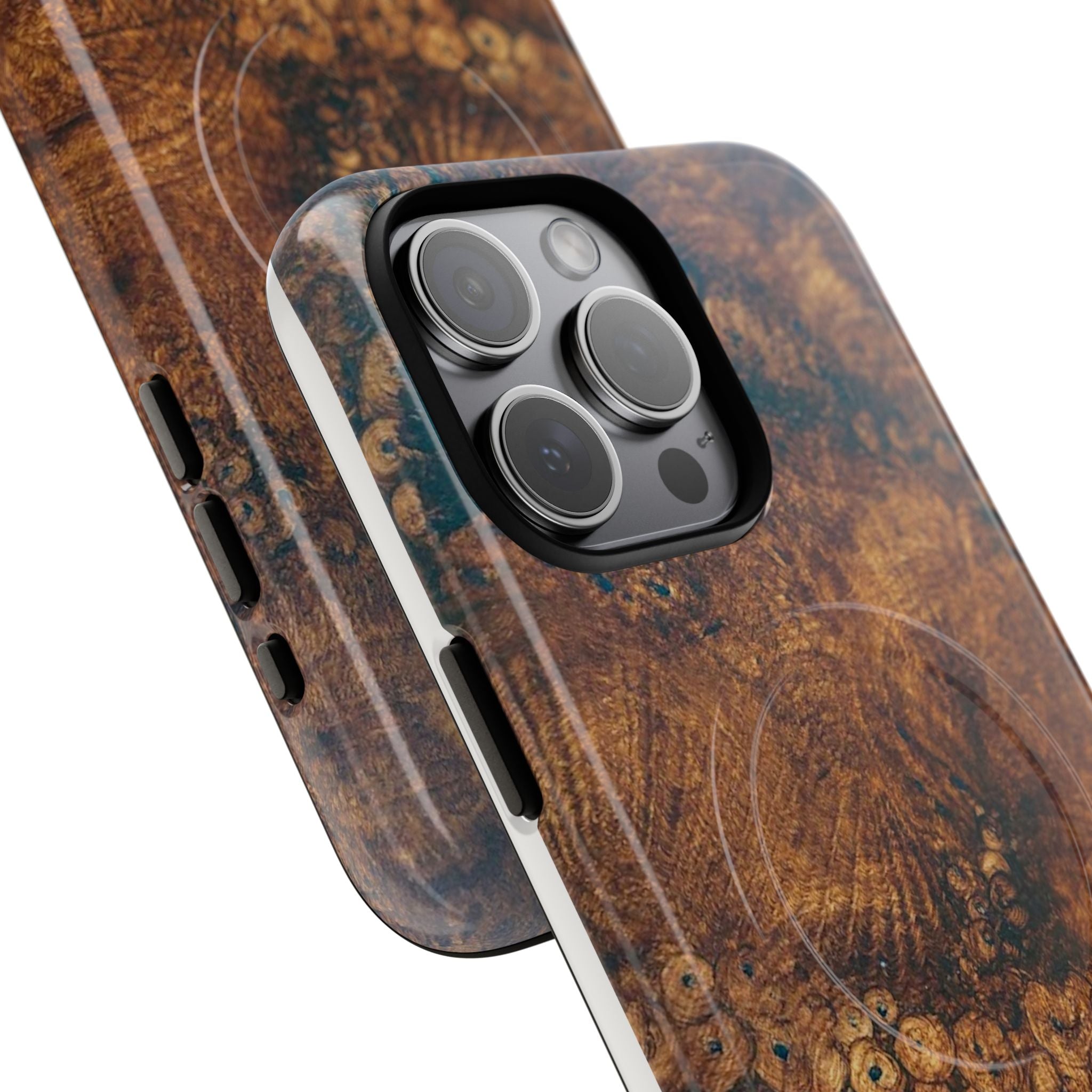 Magnetic iphone case with a natural Burl Wood Design compatible with MagSafe accessories in tough Dual Layer Shell