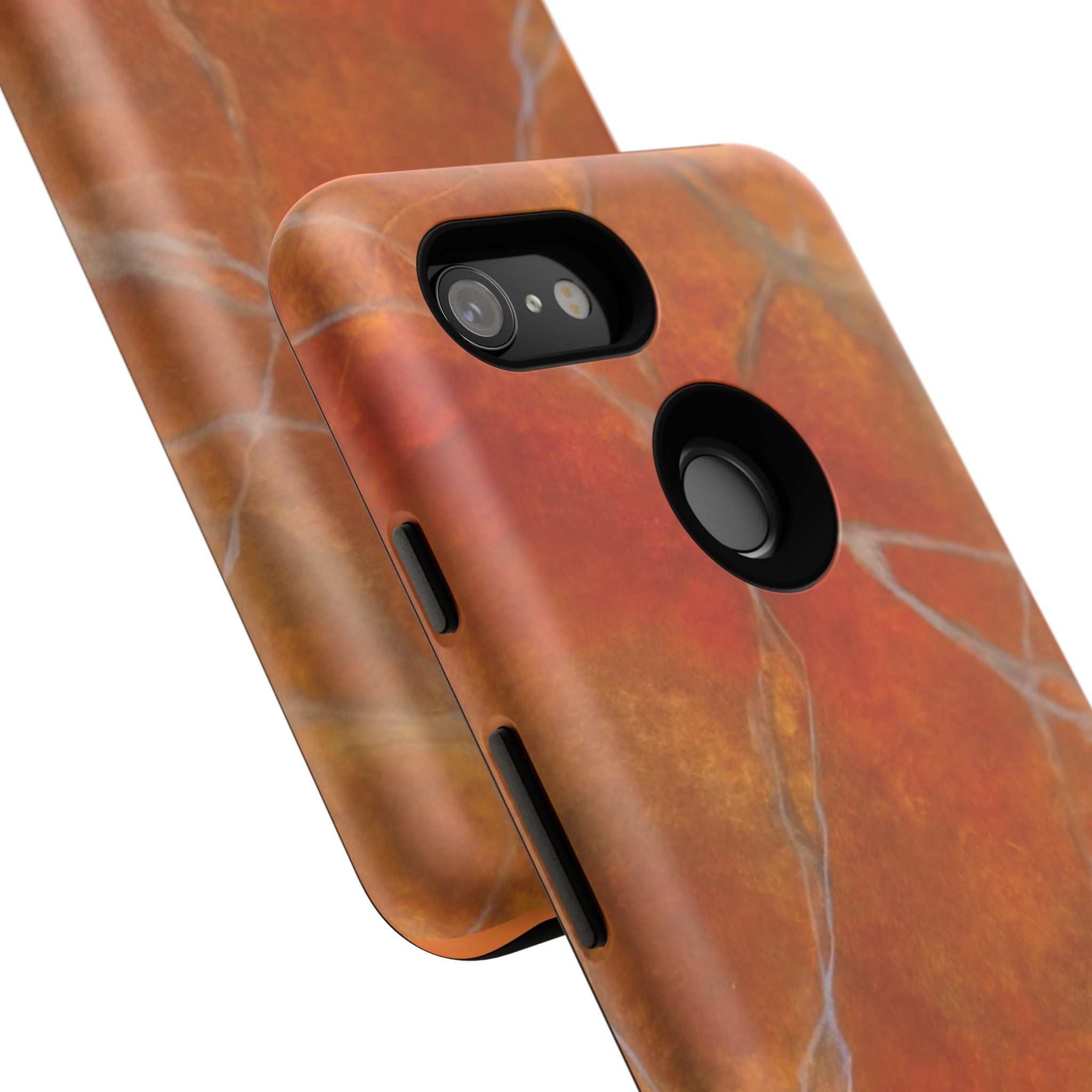 Phone case in sophisticated red orange marble design that is impact resistant tough in glossy or matte finish