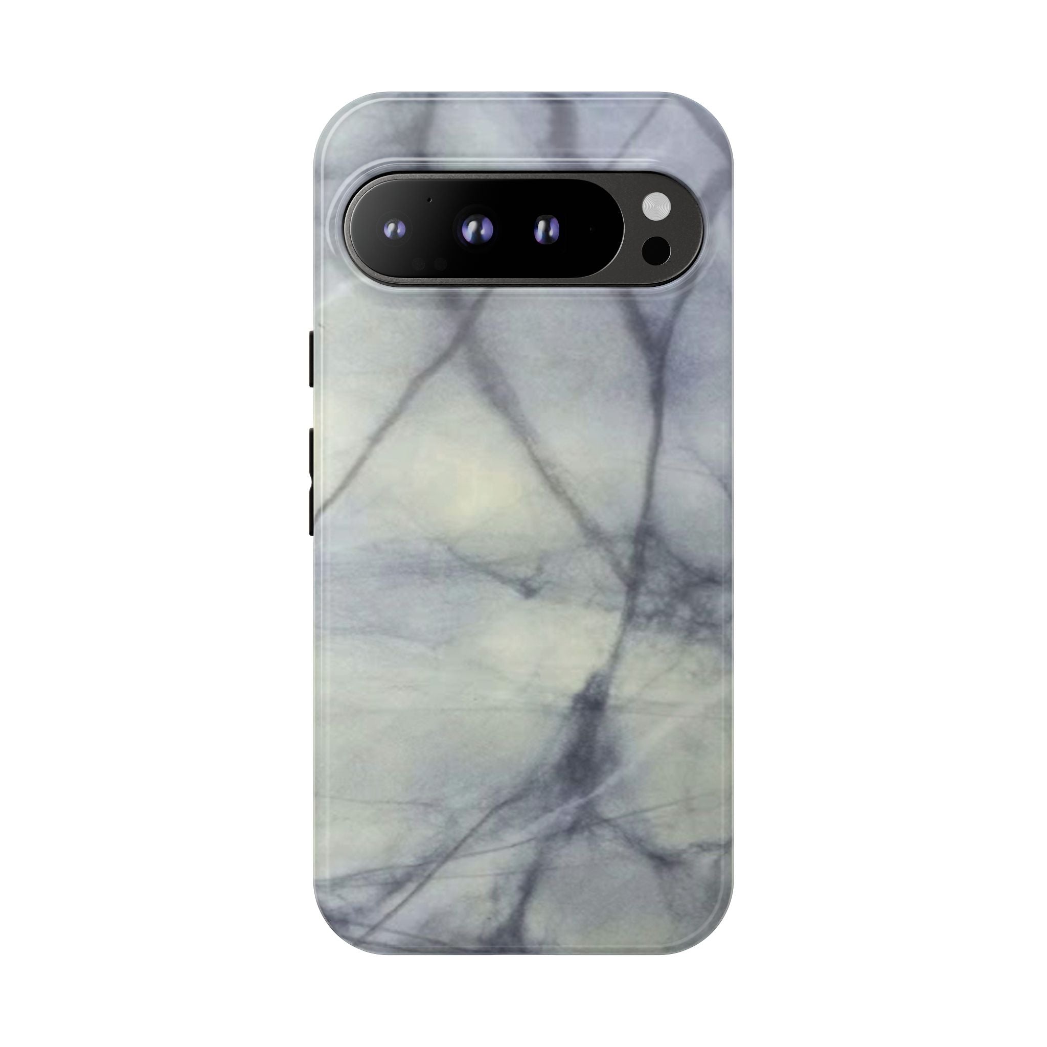 Phone case in impressive grey marble design with shock absorbing dual layer shell and UV resistance in 3D wrap