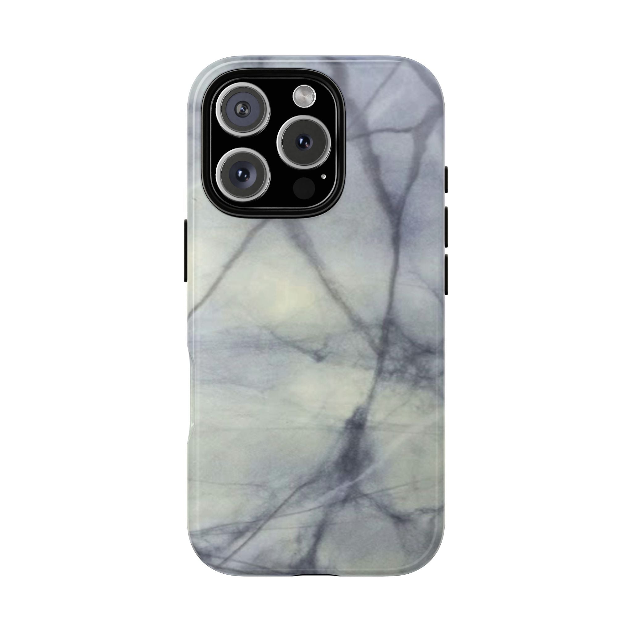 Phone case in impressive grey marble design with shock absorbing dual layer shell and UV resistance in 3D wrap