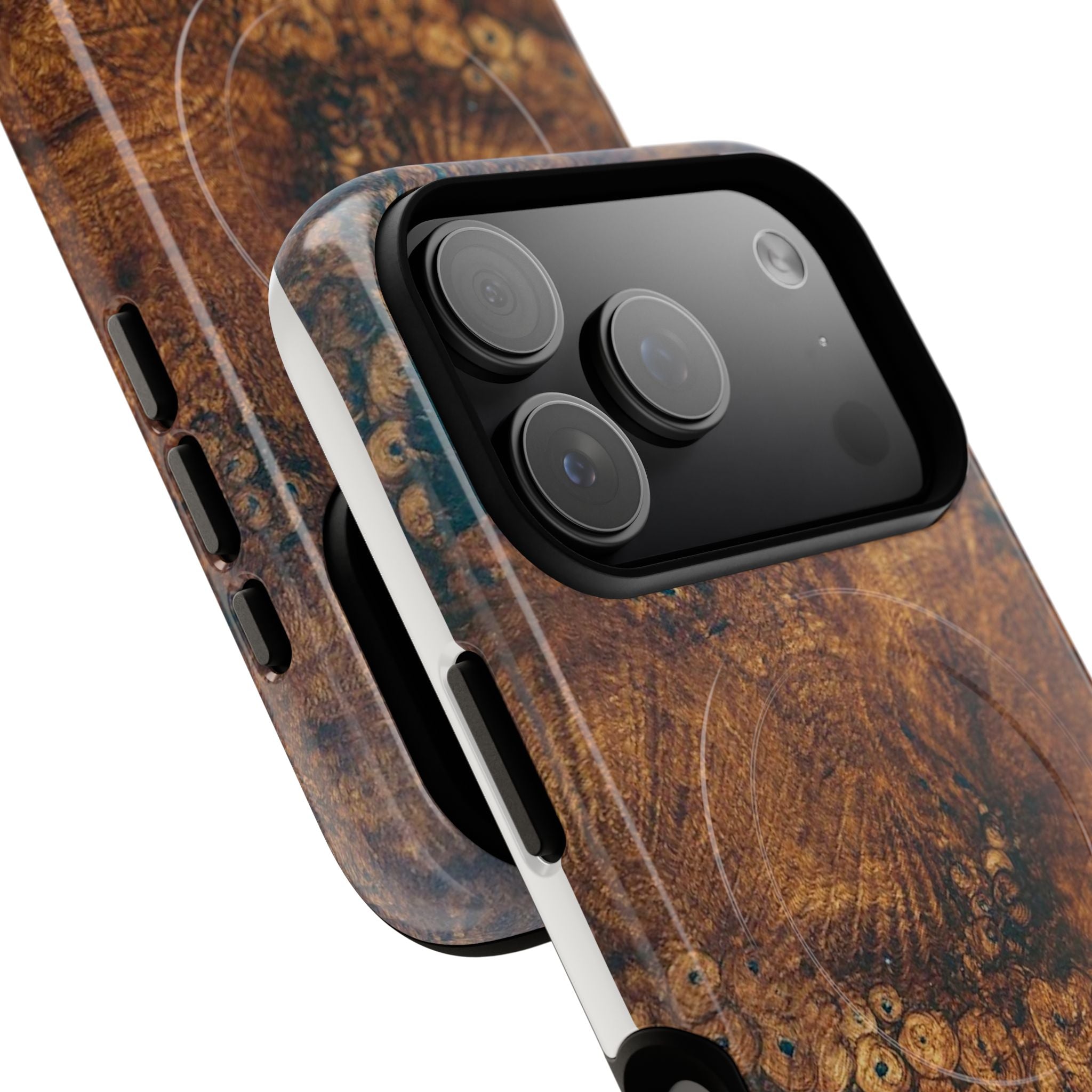 Magnetic iphone case with a natural Burl Wood Design compatible with MagSafe accessories in tough Dual Layer Shell