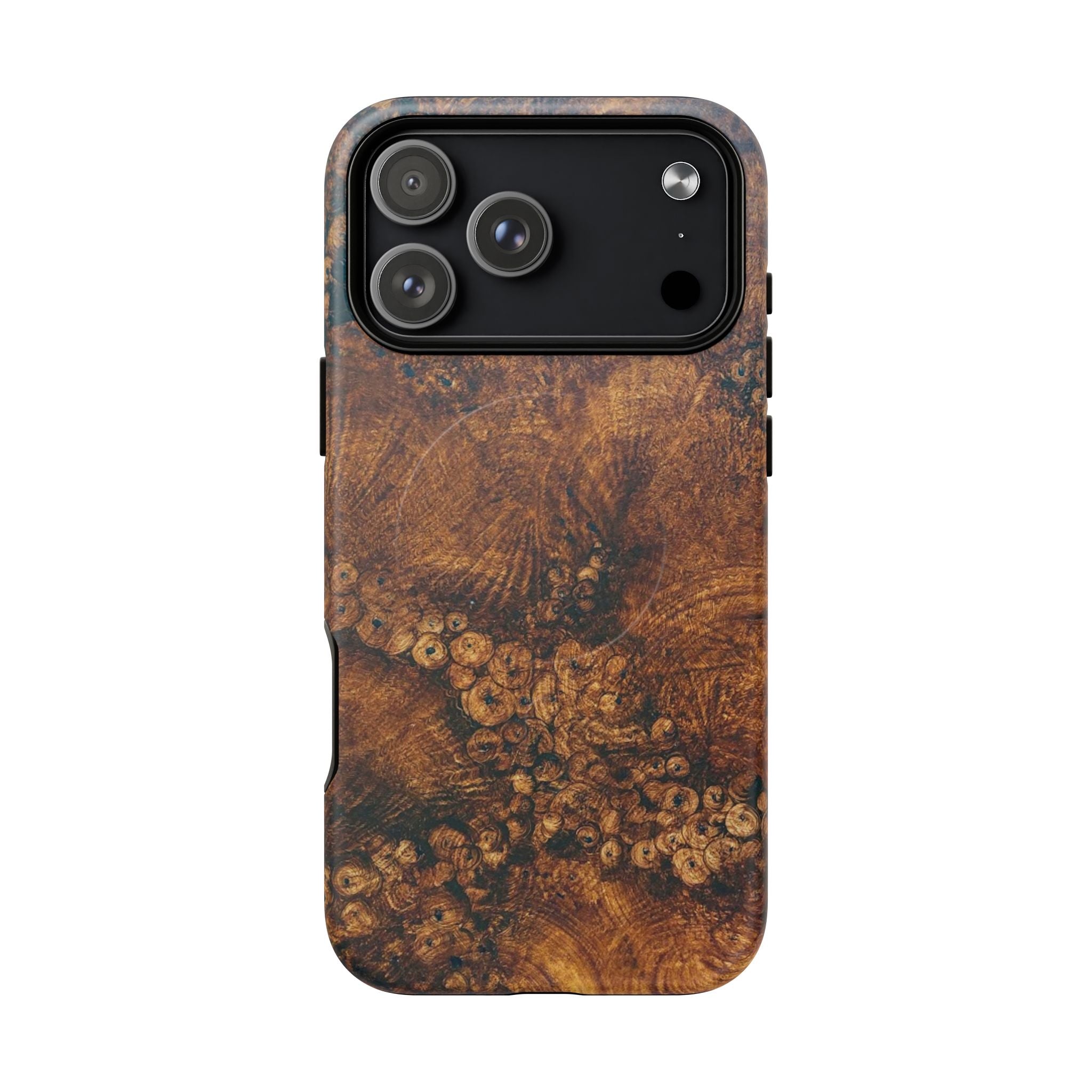 Magnetic iphone case with a natural Burl Wood Design compatible with MagSafe accessories in tough Dual Layer Shell