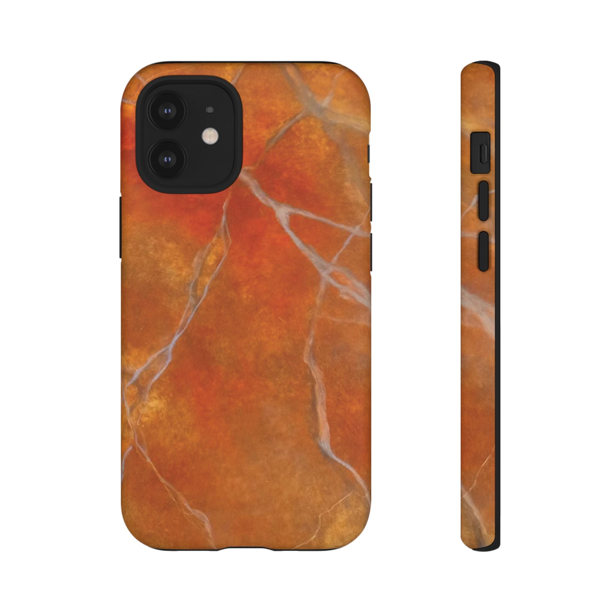 Phone case in sophisticated red orange marble design that is impact resistant tough in glossy or matte finish