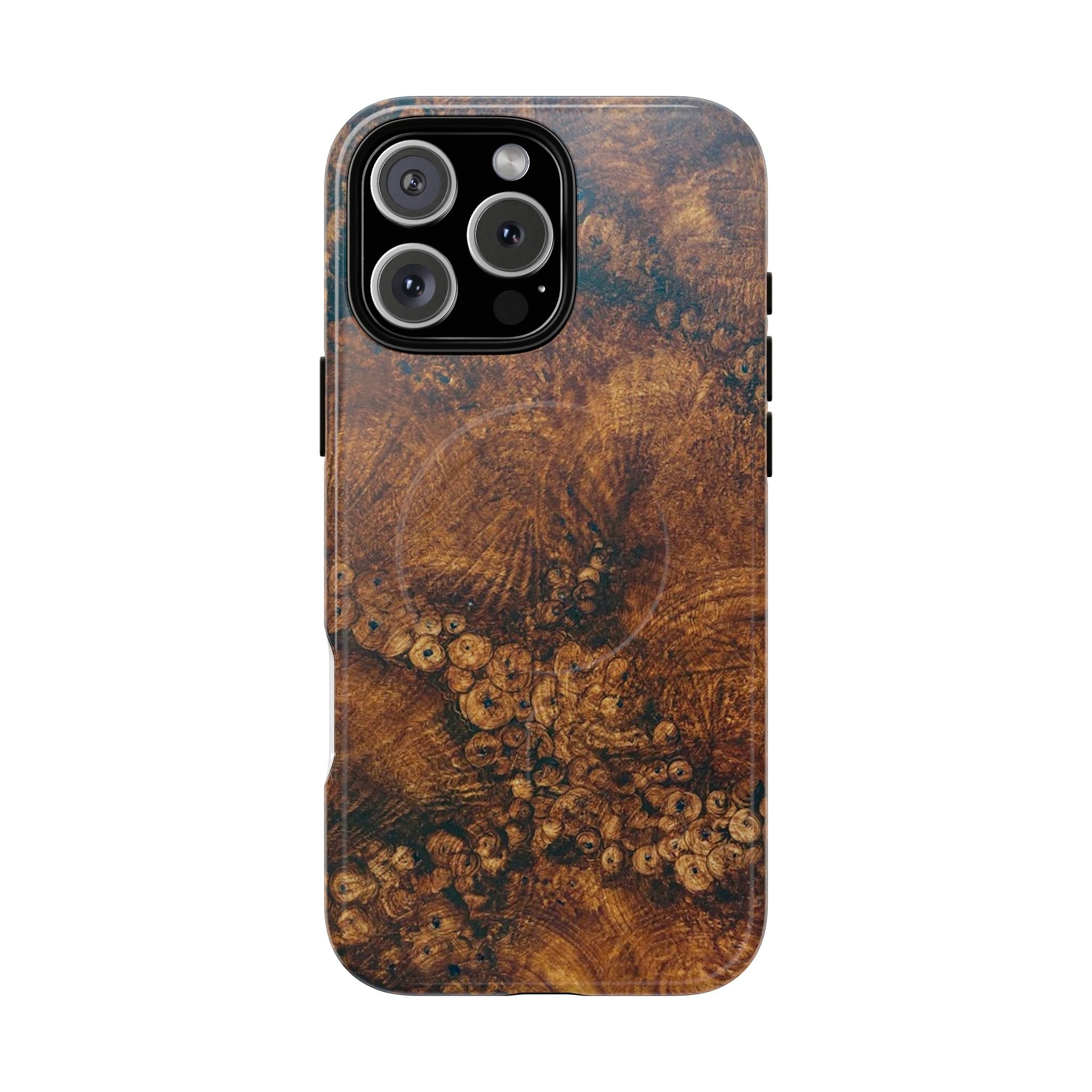 Magnetic iphone case with a natural Burl Wood Design compatible with MagSafe accessories in tough Dual Layer Shell