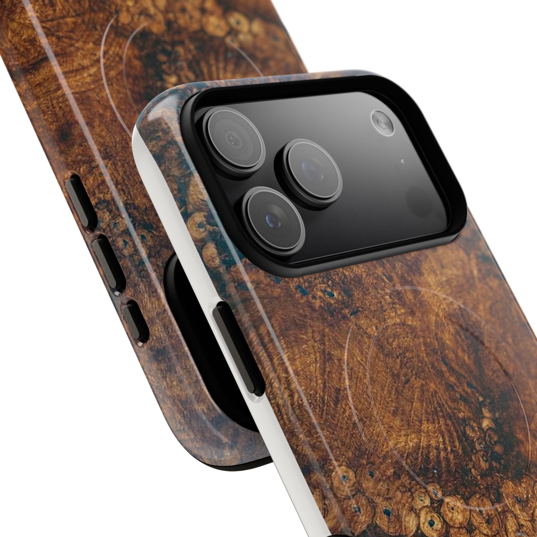 Magnetic iphone case with a natural Burl Wood Design compatible with MagSafe accessories in tough Dual Layer Shell