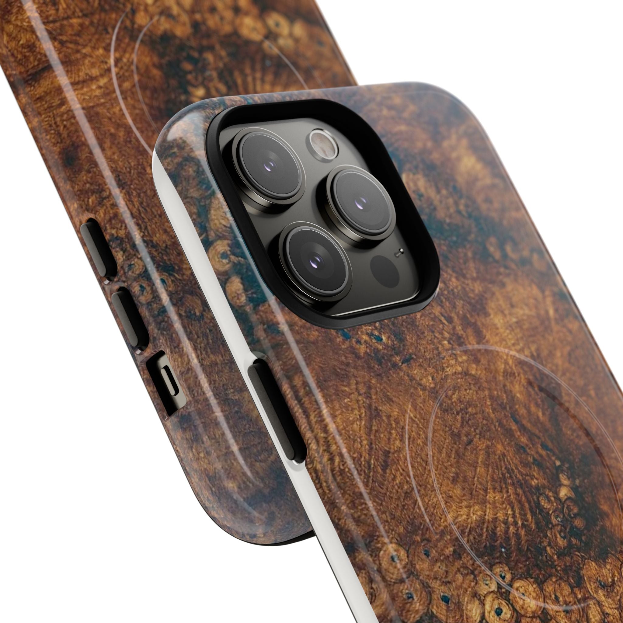 Magnetic iphone case with a natural Burl Wood Design compatible with MagSafe accessories in tough Dual Layer Shell
