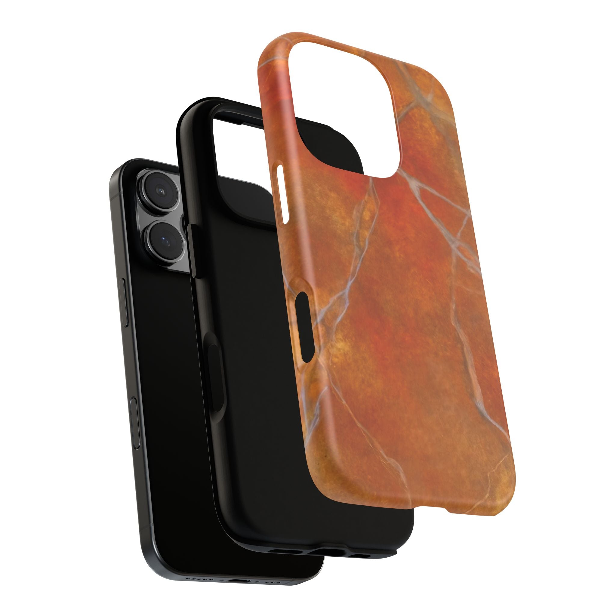Phone case in sophisticated red orange marble design that is impact resistant tough in glossy or matte finish