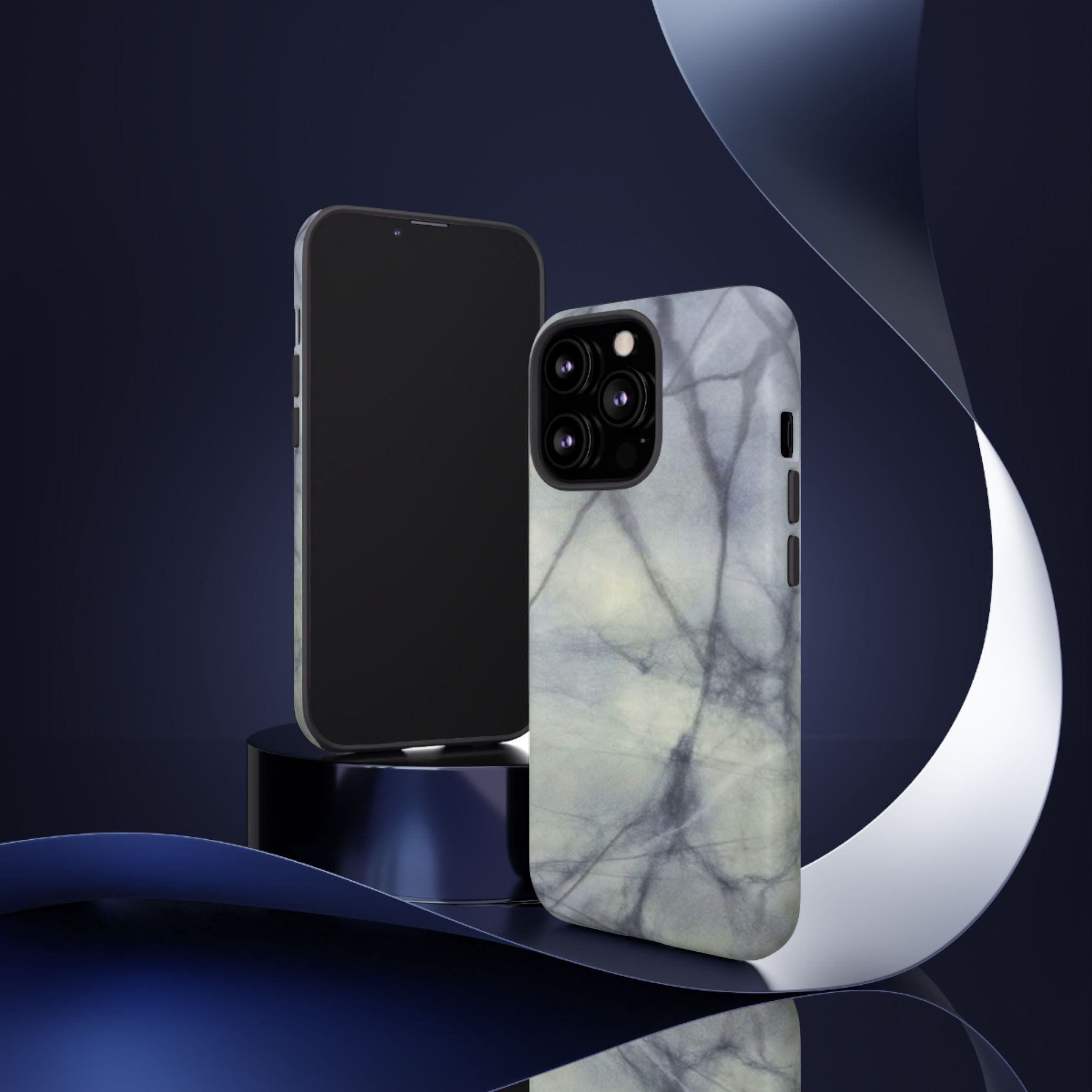 Phone case in impressive grey marble design with shock absorbing dual layer shell and UV resistance in 3D wrap