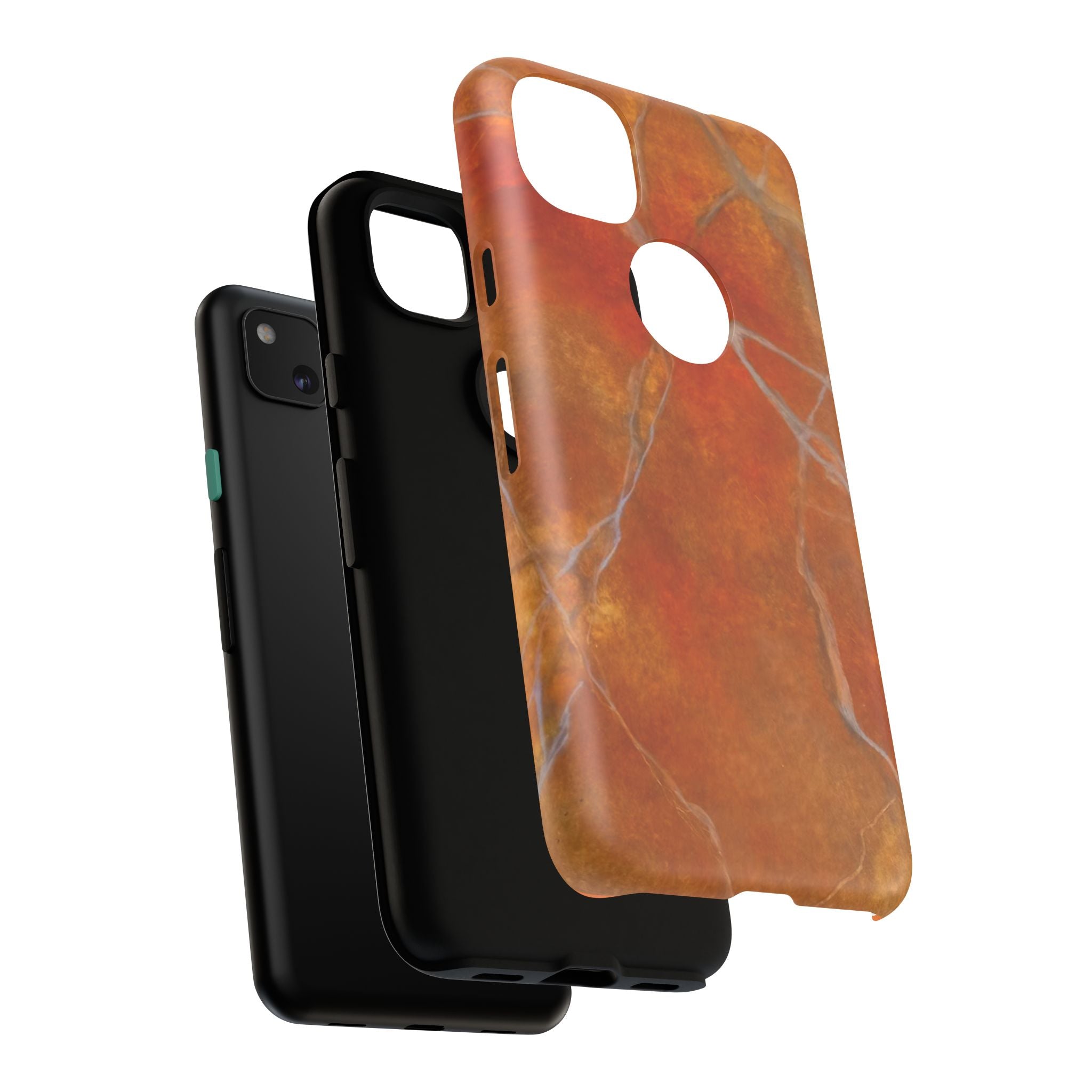 Phone case in sophisticated red orange marble design that is impact resistant tough in glossy or matte finish