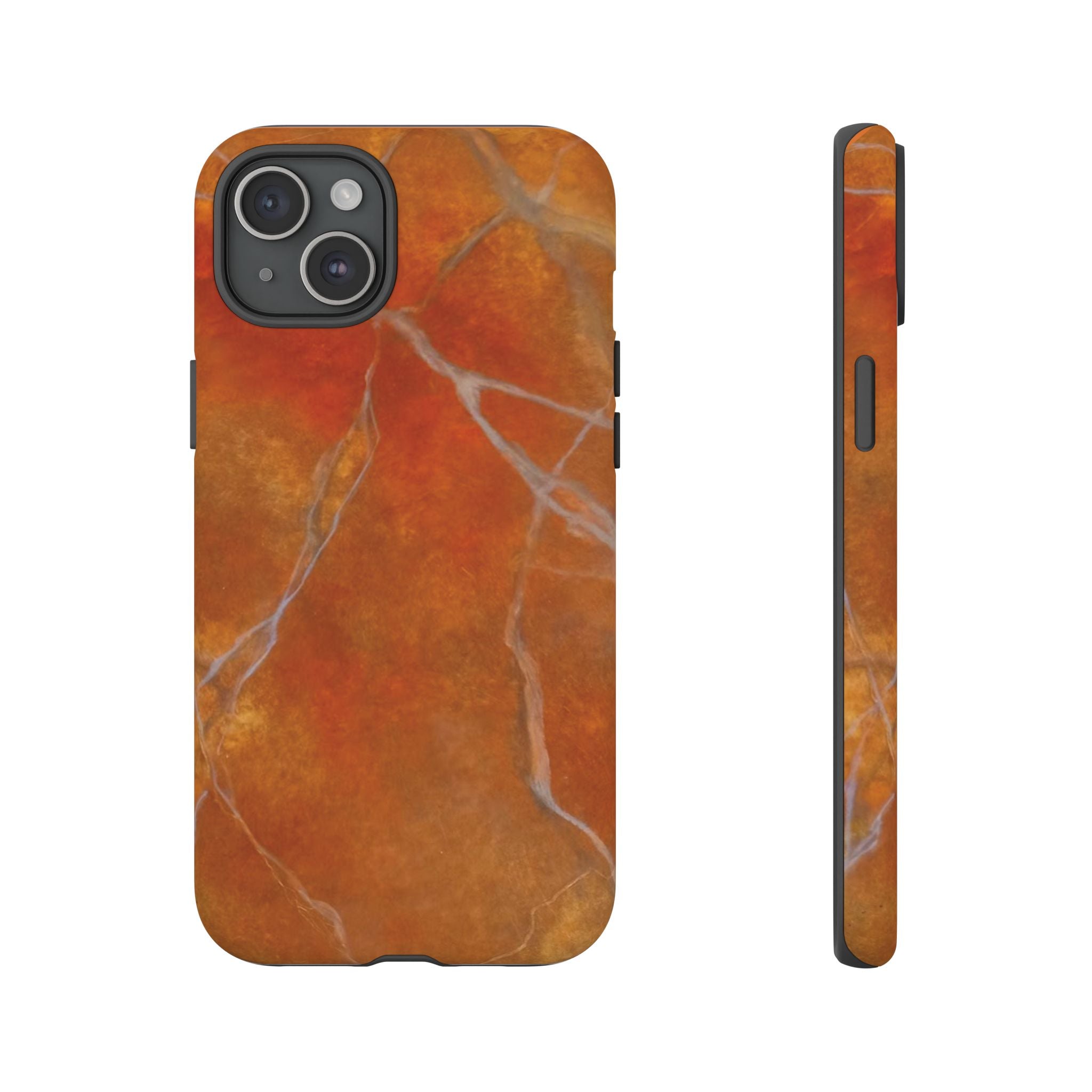 Phone case in sophisticated red orange marble design that is impact resistant tough in glossy or matte finish