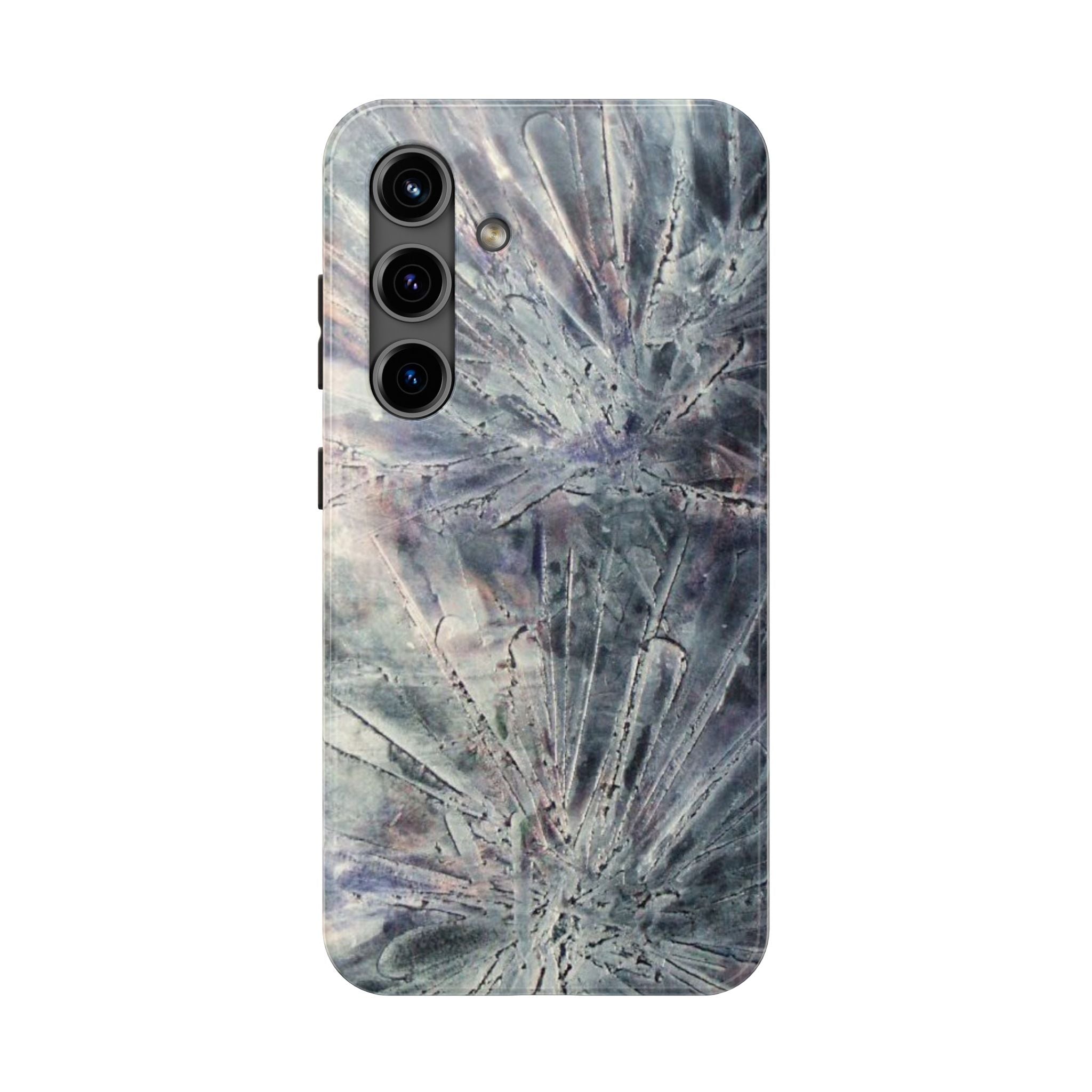 Phone case in abstract bursts of silver crystal design with rubber lining for strong impact and UV protection
