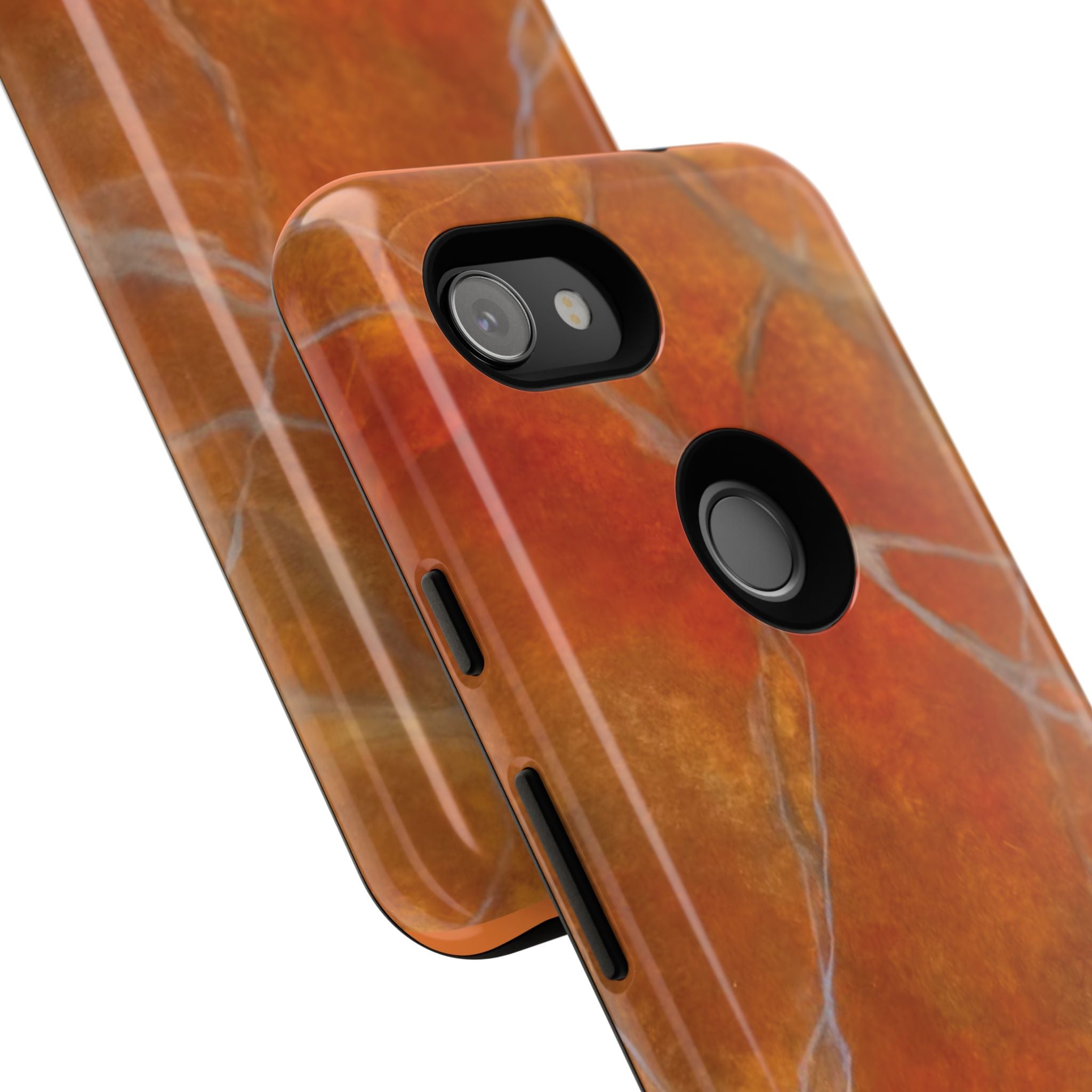 Phone case in sophisticated red orange marble design that is impact resistant tough in glossy or matte finish