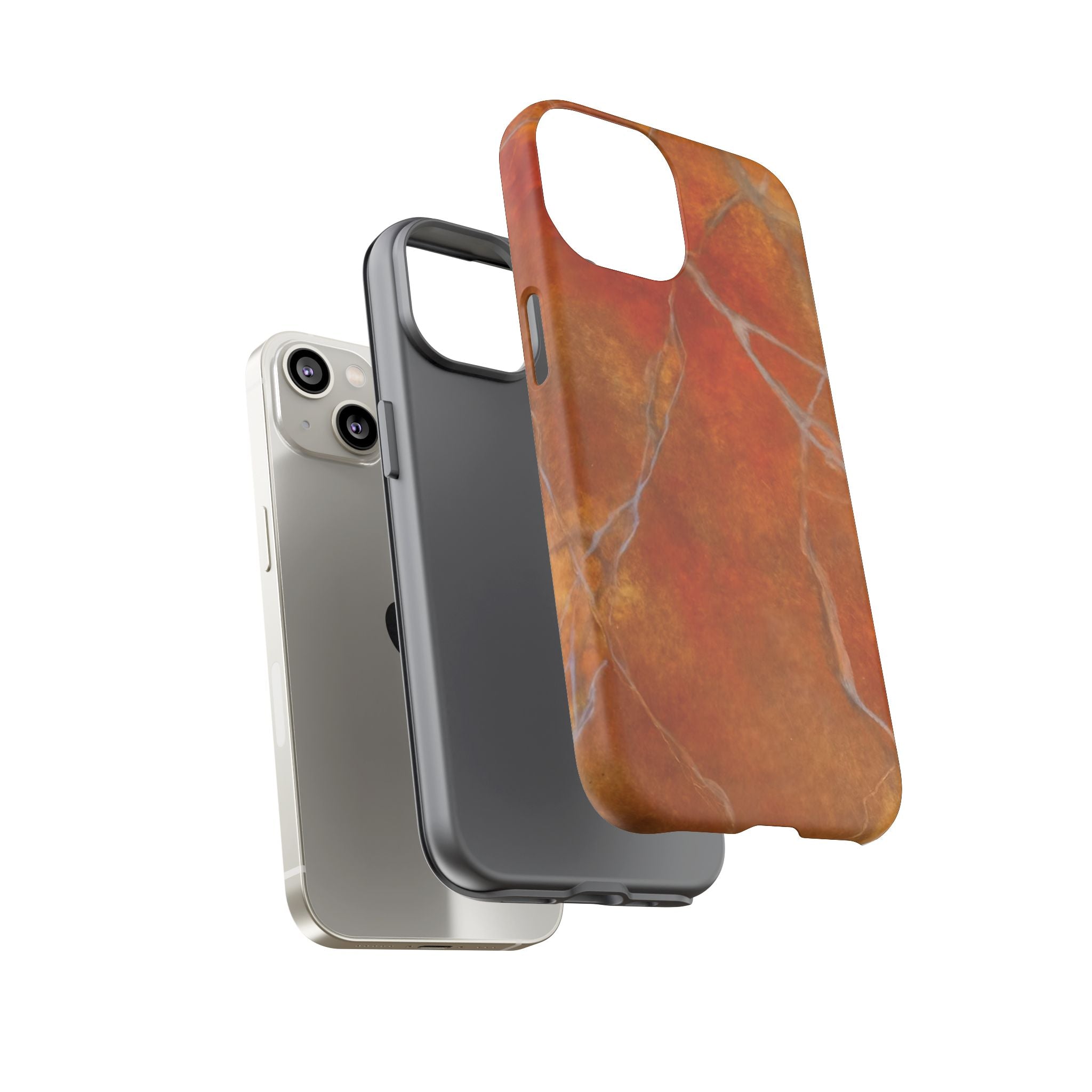 Phone case in sophisticated red orange marble design that is impact resistant tough in glossy or matte finish