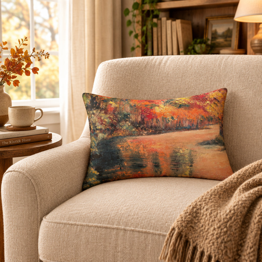 A rectangular lumbar pillow featuring an impressionistic painting of an autumn landscape with colorful trees and a reflective body of water