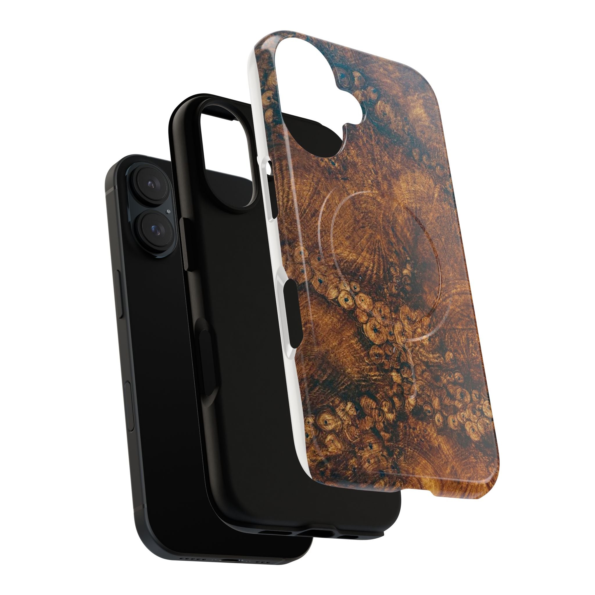 Magnetic iphone case with a natural Burl Wood Design compatible with MagSafe accessories in tough Dual Layer Shell