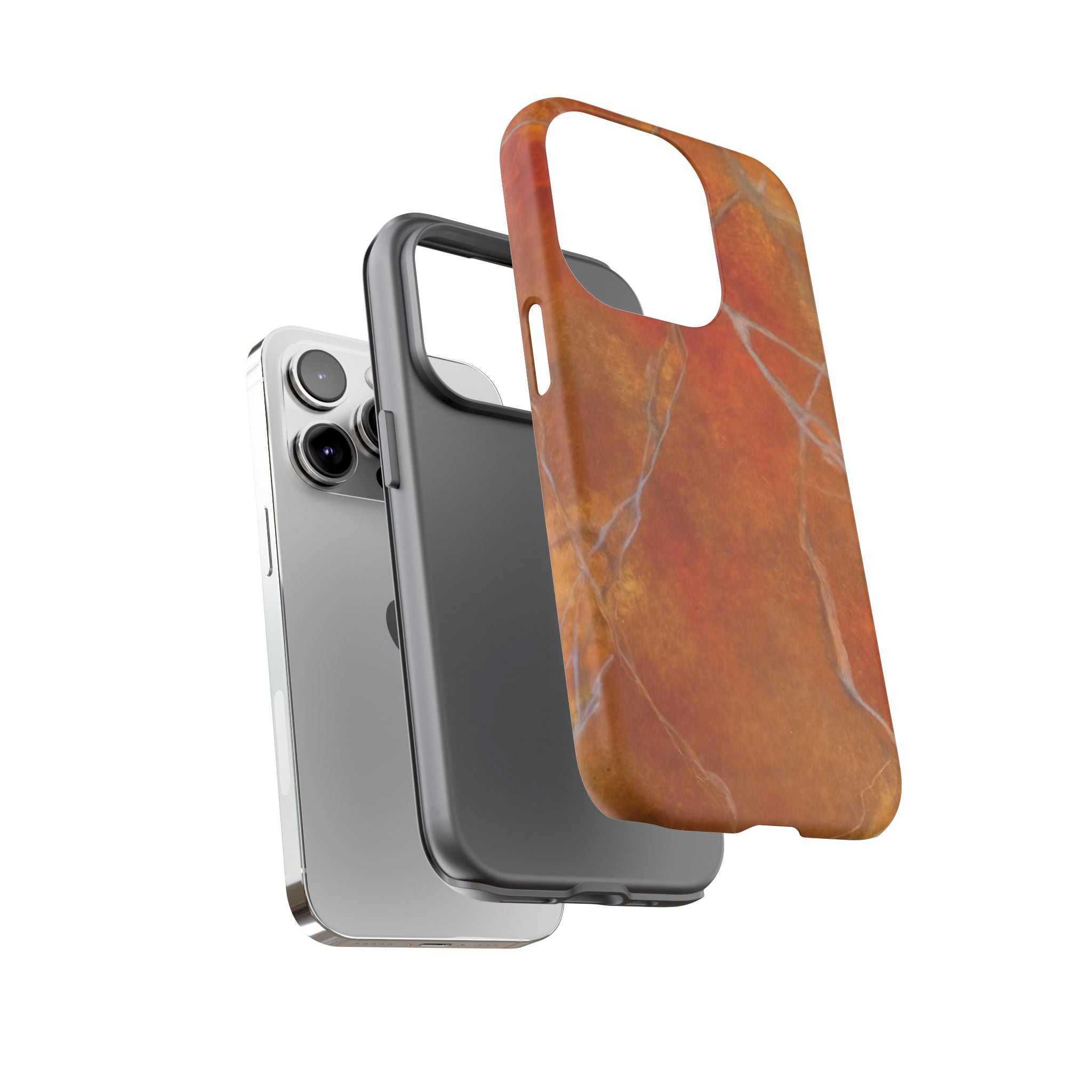 Phone case in sophisticated red orange marble design that is impact resistant tough in glossy or matte finish