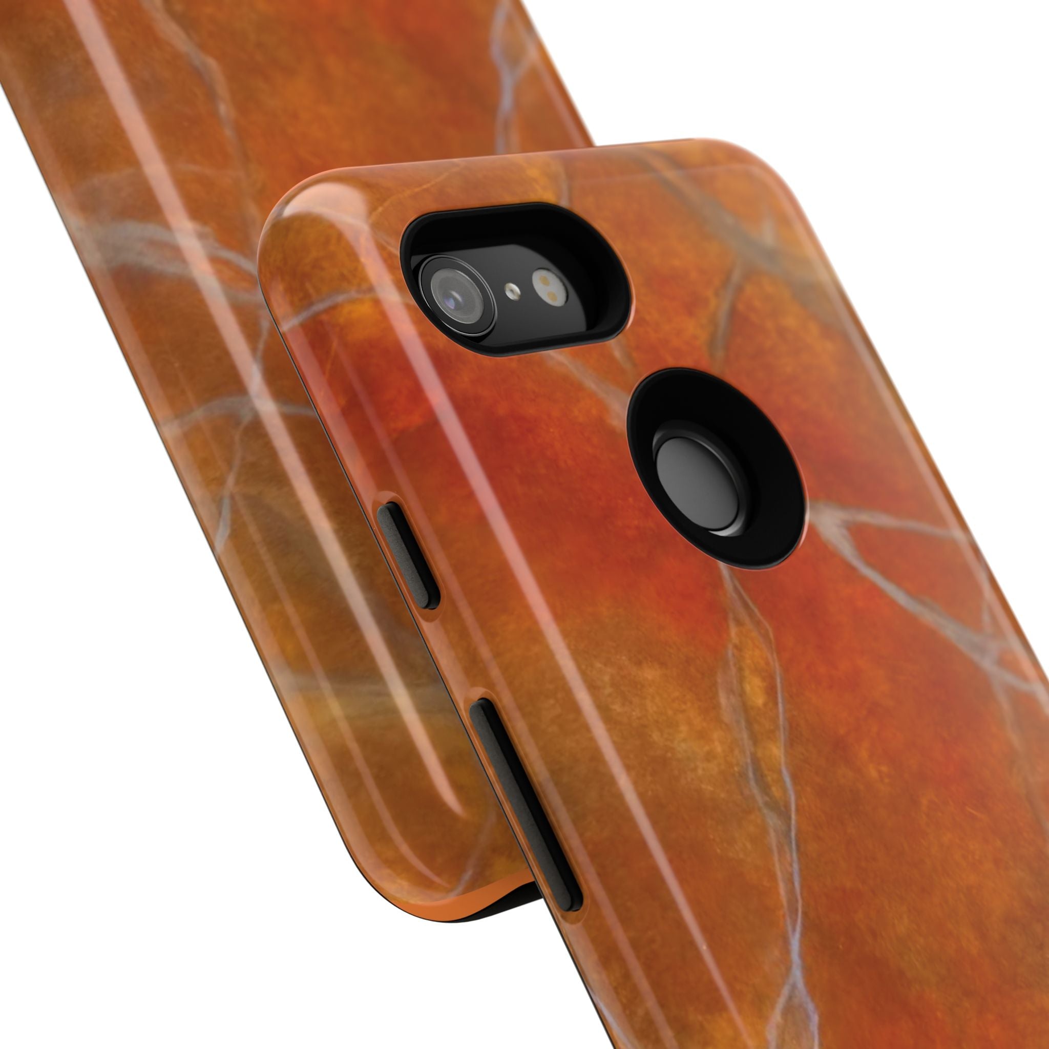 Phone case in sophisticated red orange marble design that is impact resistant tough in glossy or matte finish