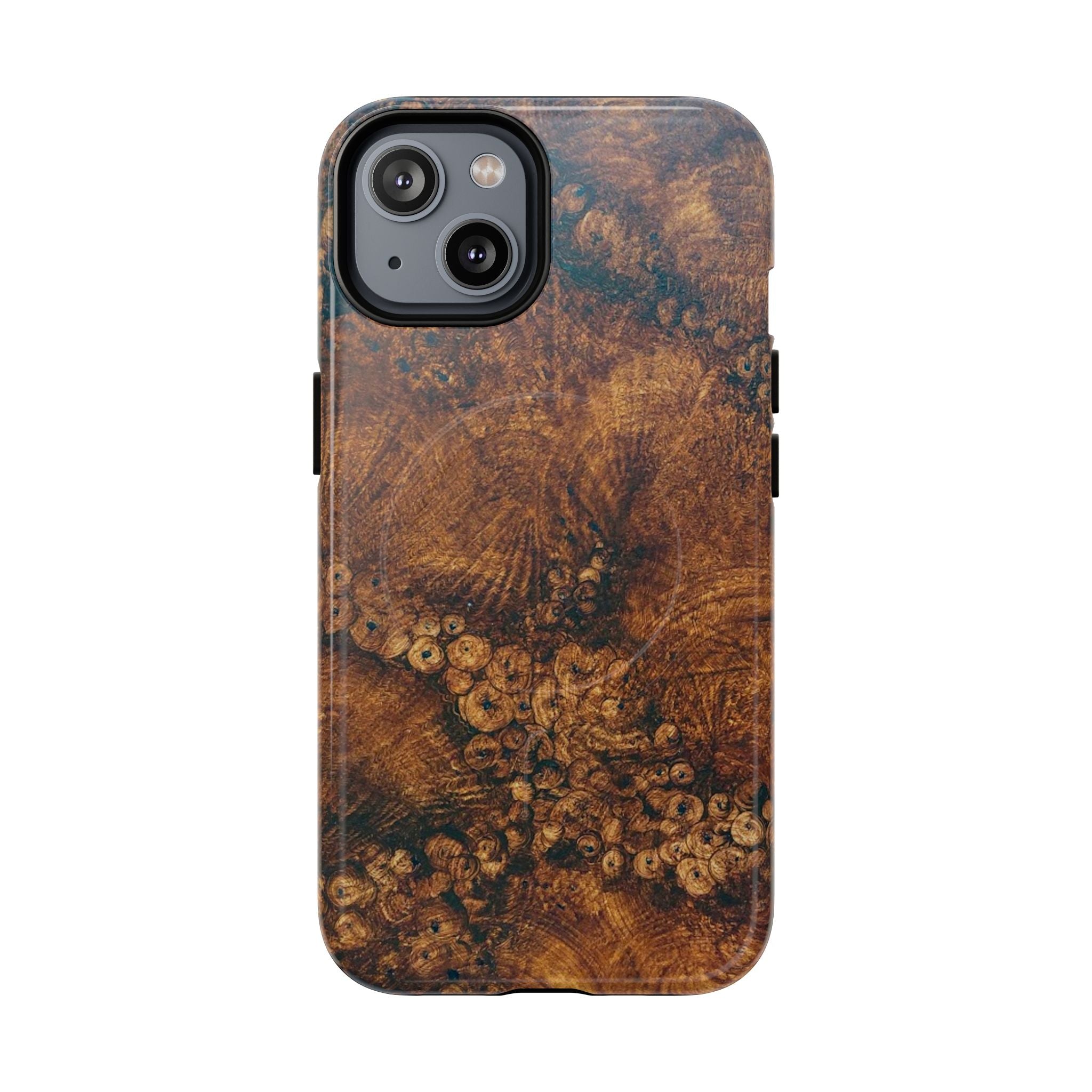 Magnetic iphone case with a natural Burl Wood Design compatible with MagSafe accessories in tough Dual Layer Shell