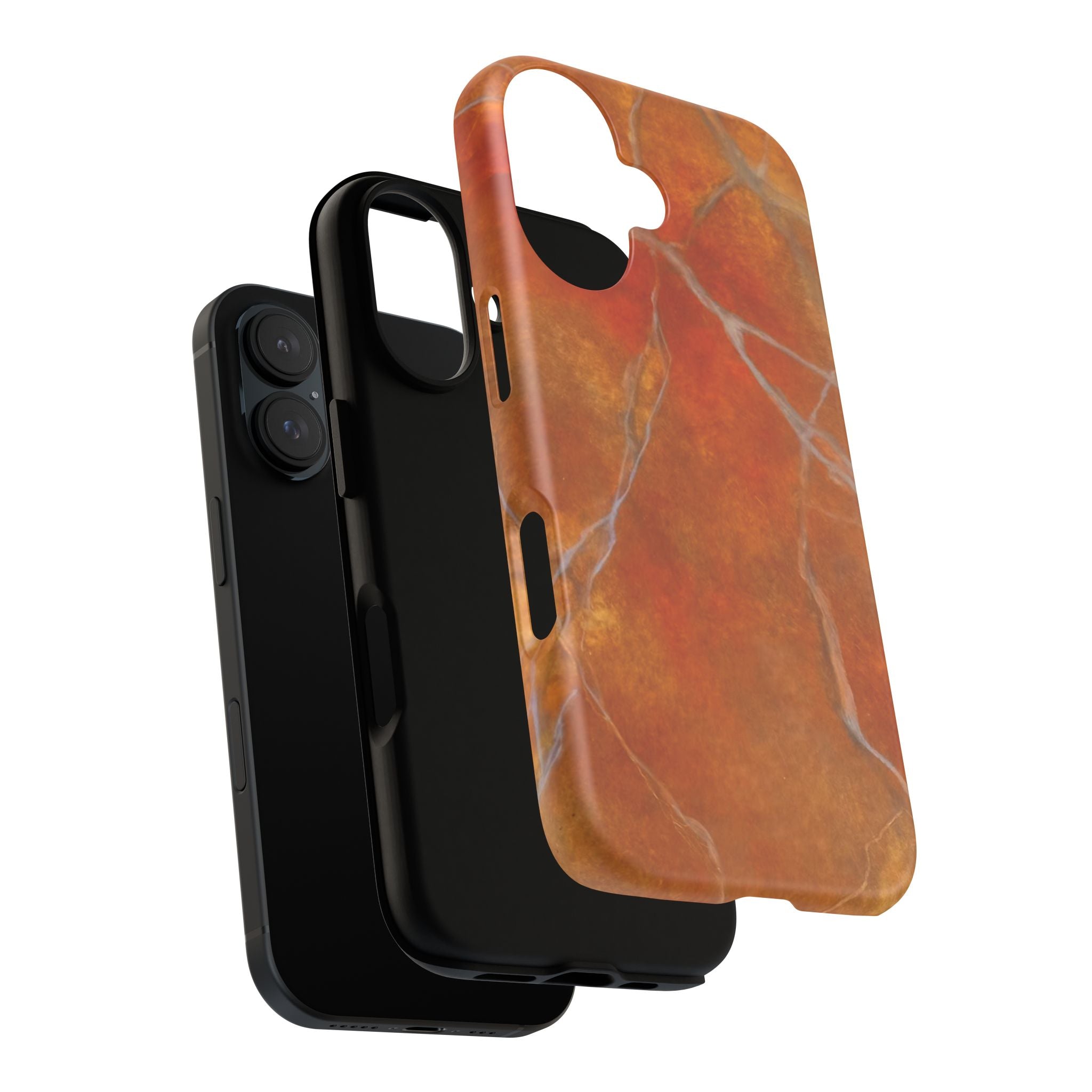 Phone case in sophisticated red orange marble design that is impact resistant tough in glossy or matte finish