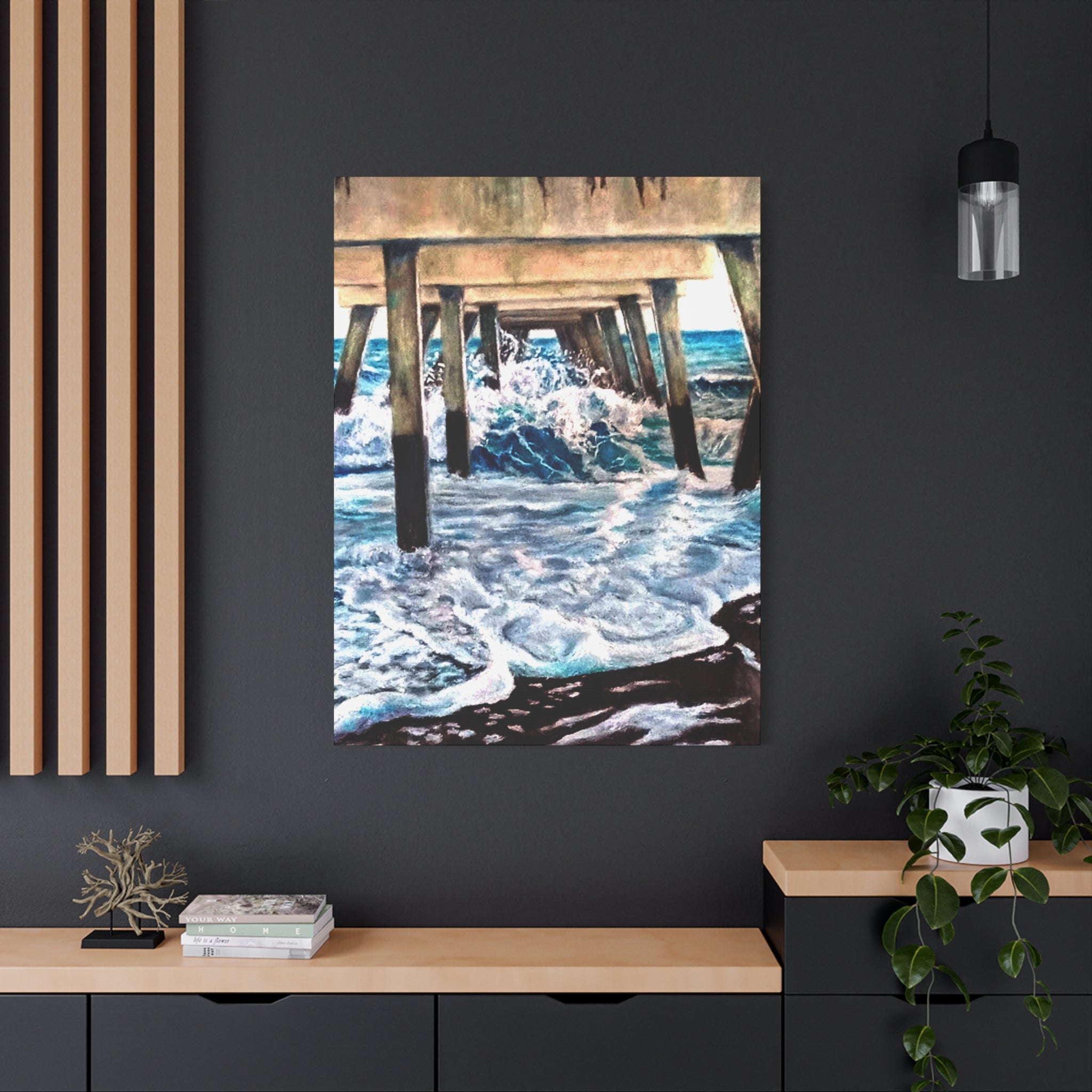 Canvas Print of painting of a pier with crashing waves in vivid reproduction - 2 sizes