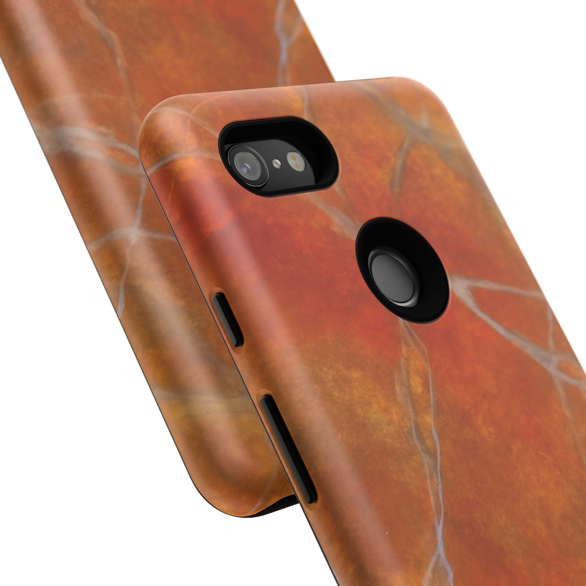 Phone case in sophisticated red orange marble design that is impact resistant tough in glossy or matte finish