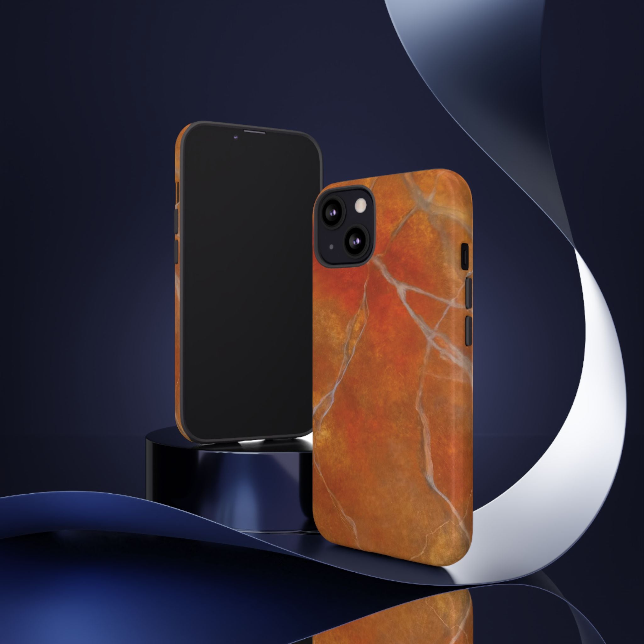 Phone case in sophisticated red orange marble design that is impact resistant tough in glossy or matte finish