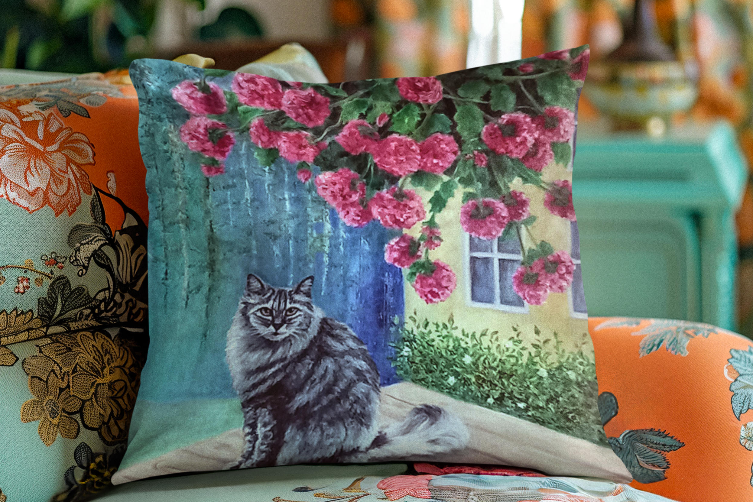 Decorative pillow with a cat and floral design add whimsy and charm to any room