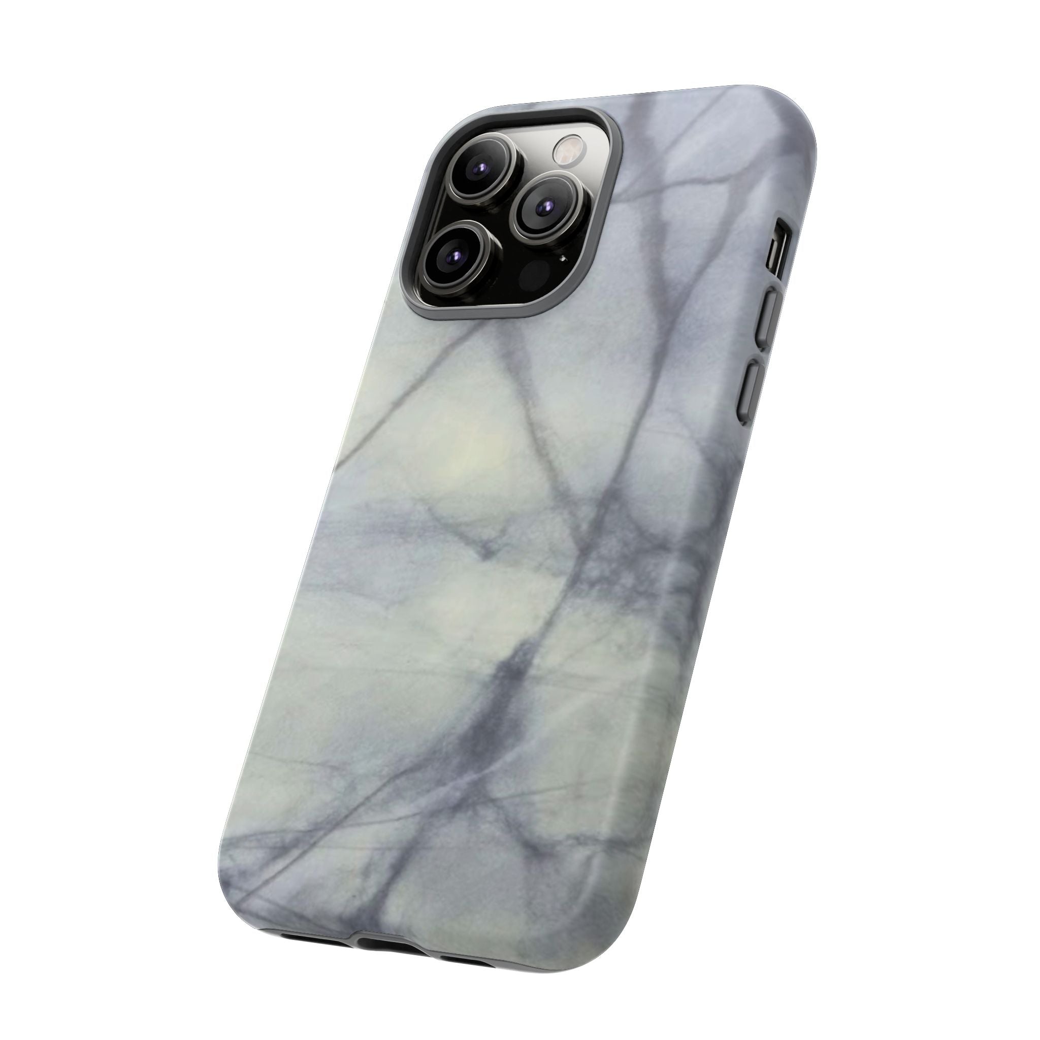Phone case in impressive grey marble design with shock absorbing dual layer shell and UV resistance in 3D wrap