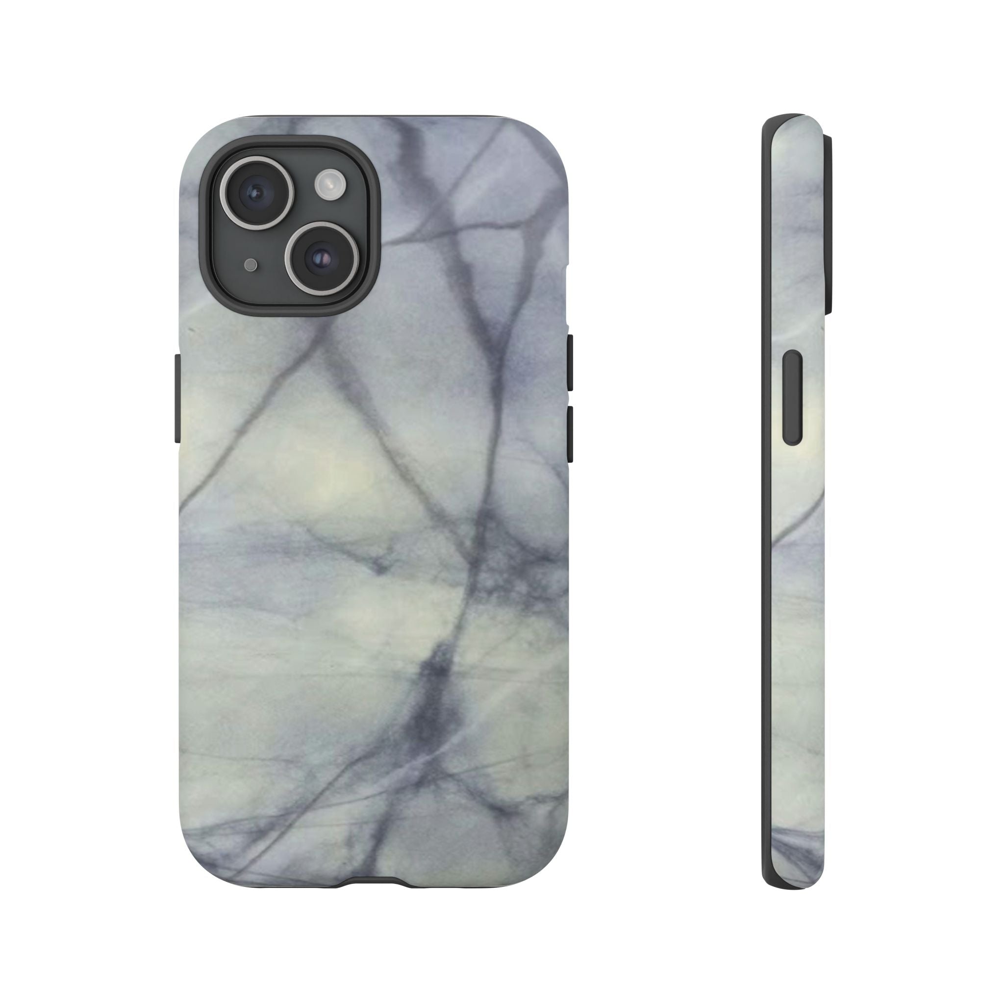 Phone case in impressive grey marble design with shock absorbing dual layer shell and UV resistance in 3D wrap