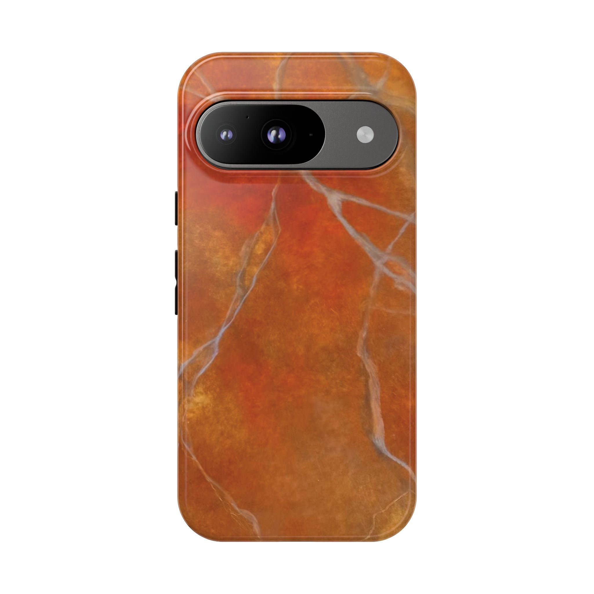 Phone case in sophisticated red orange marble design that is impact resistant tough in glossy or matte finish