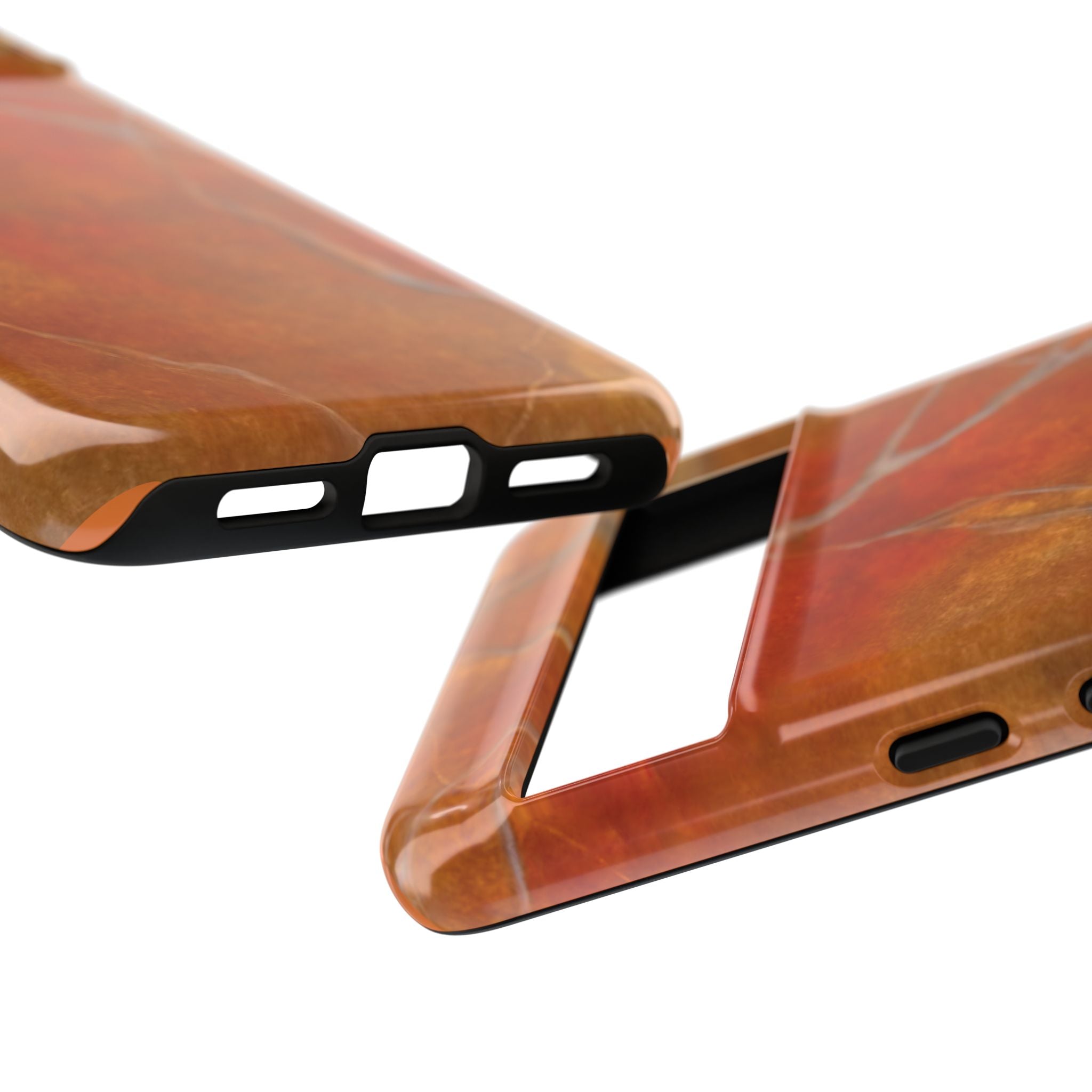 Phone case in sophisticated red orange marble design that is impact resistant tough in glossy or matte finish