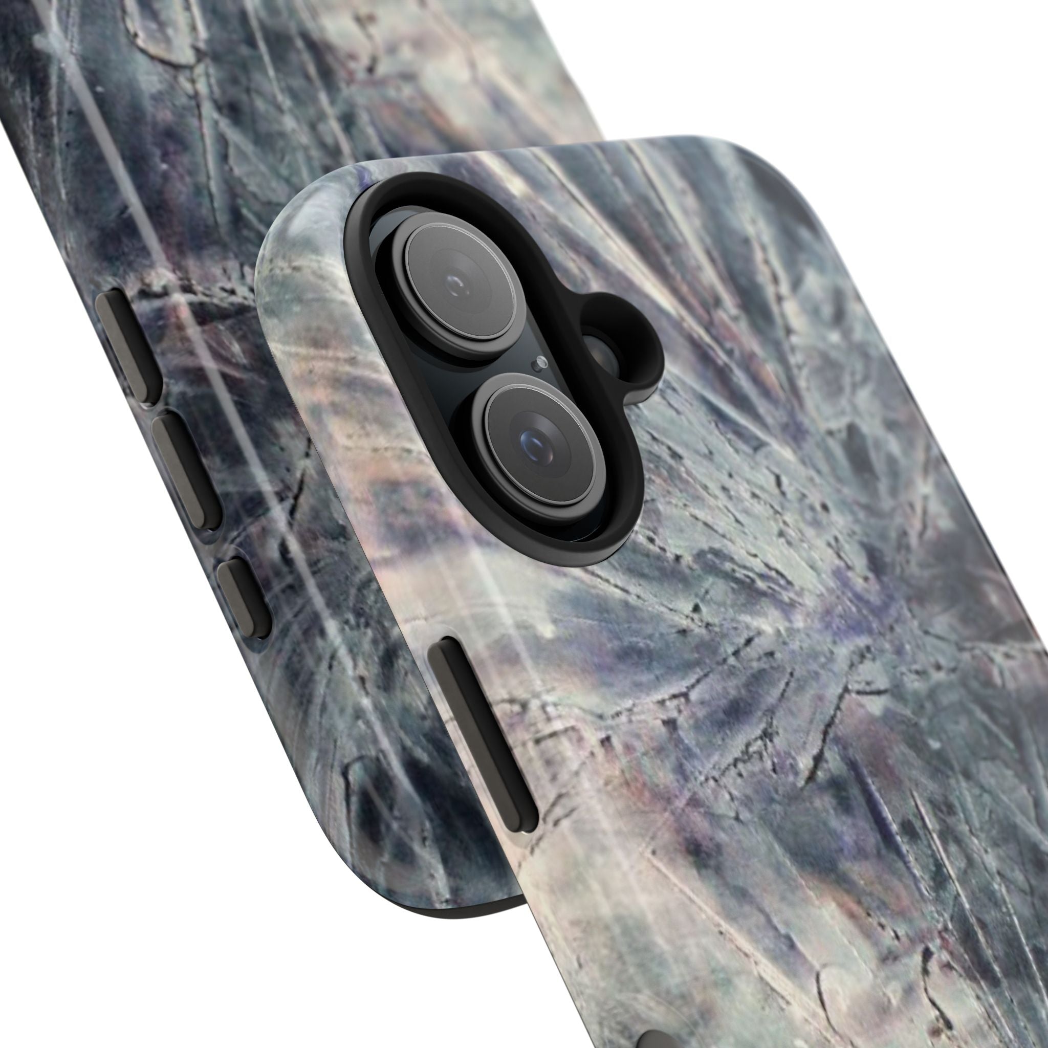 Phone case in abstract bursts of silver crystal design with rubber lining for strong impact and UV protection