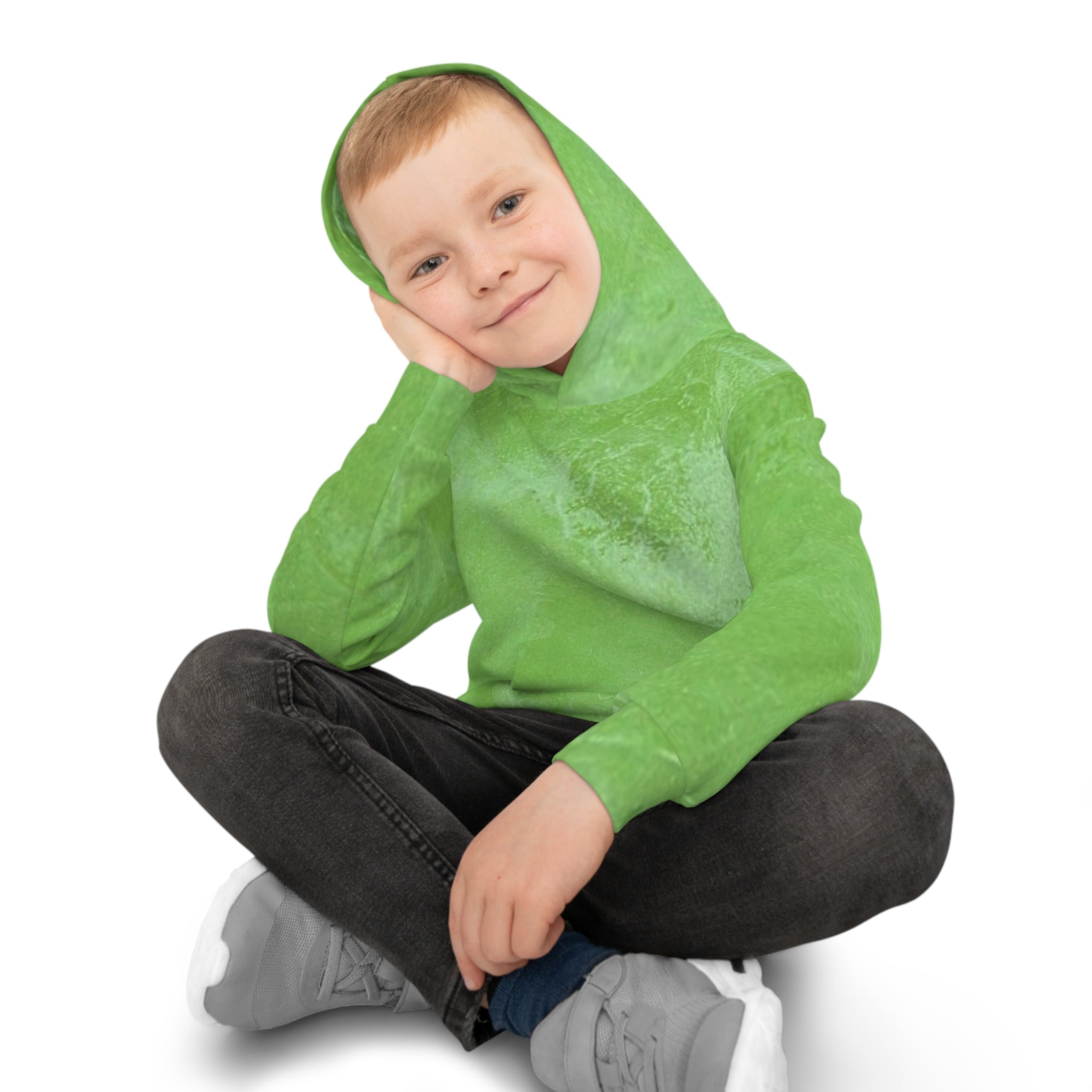 Kids Abstract Green Hoodie — Soft All-Over Print Pullover for Boys & Girls
