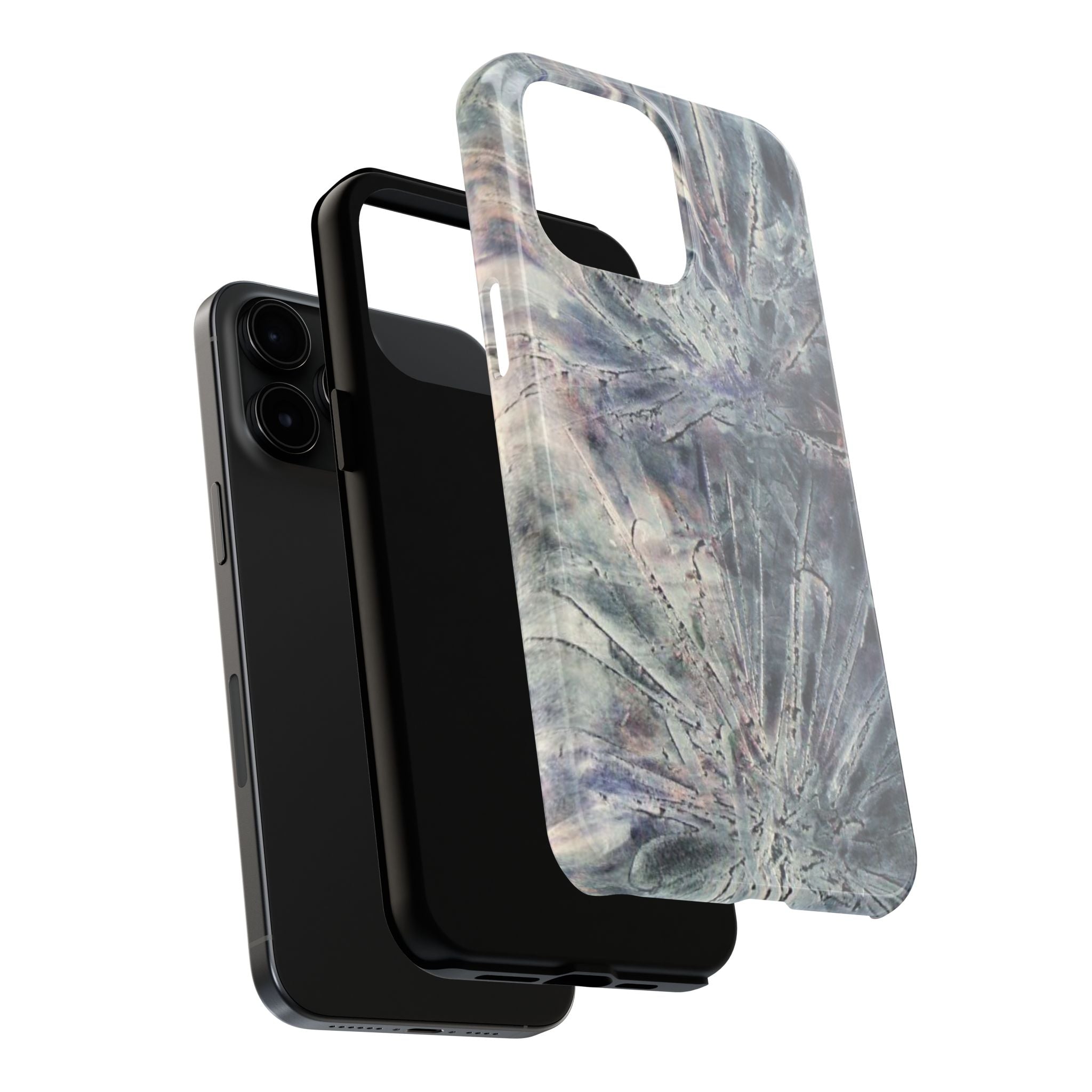 Phone case in abstract bursts of silver crystal design with rubber lining for strong impact and UV protection