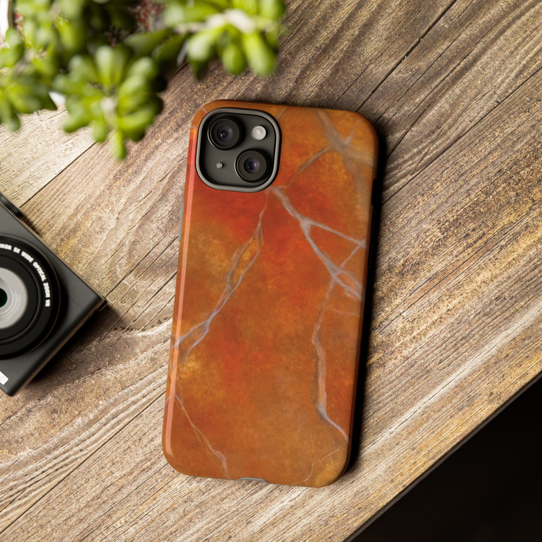 Phone case in sophisticated red orange marble design that is impact resistant tough in glossy or matte finish