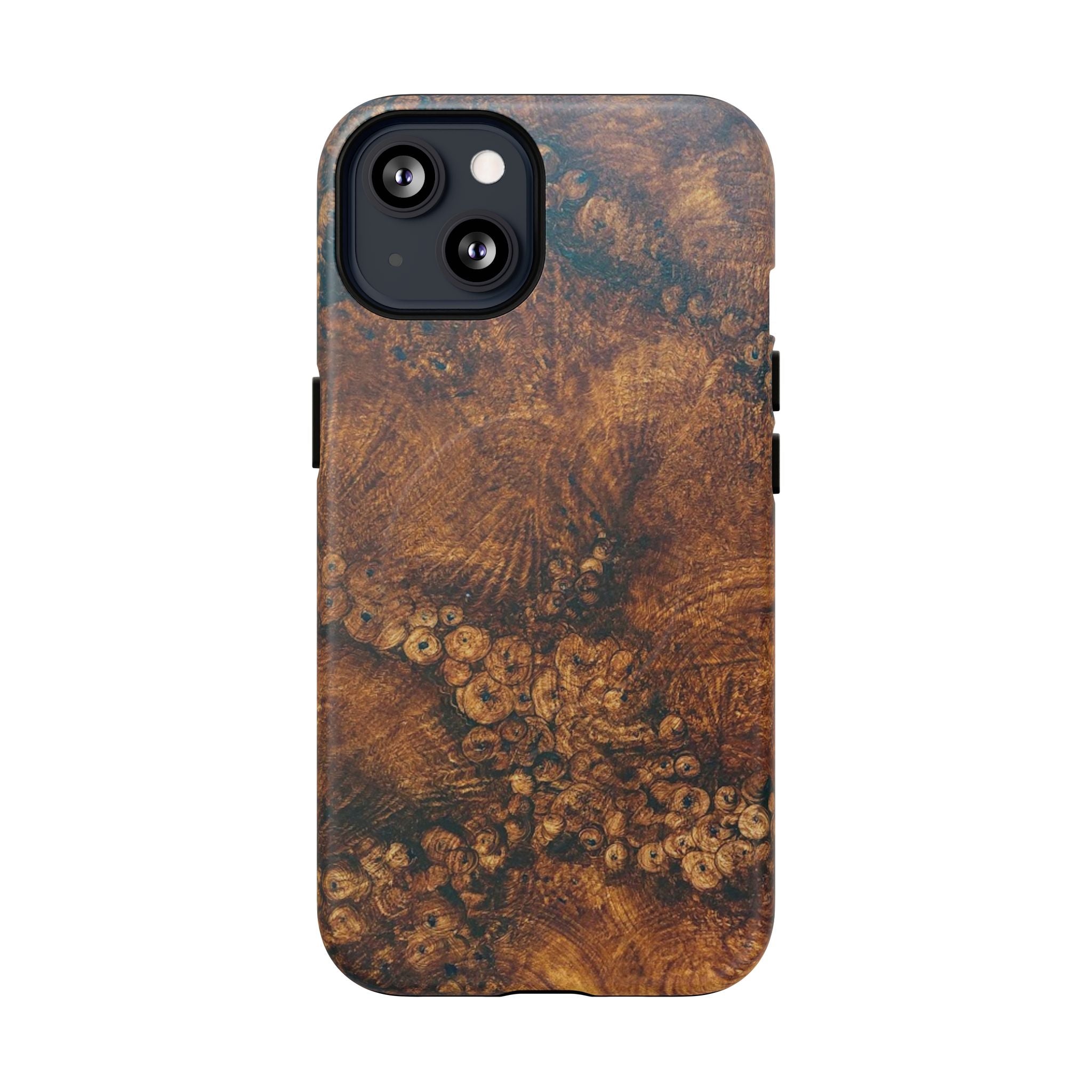 Magnetic iphone case with a natural Burl Wood Design compatible with MagSafe accessories in tough Dual Layer Shell