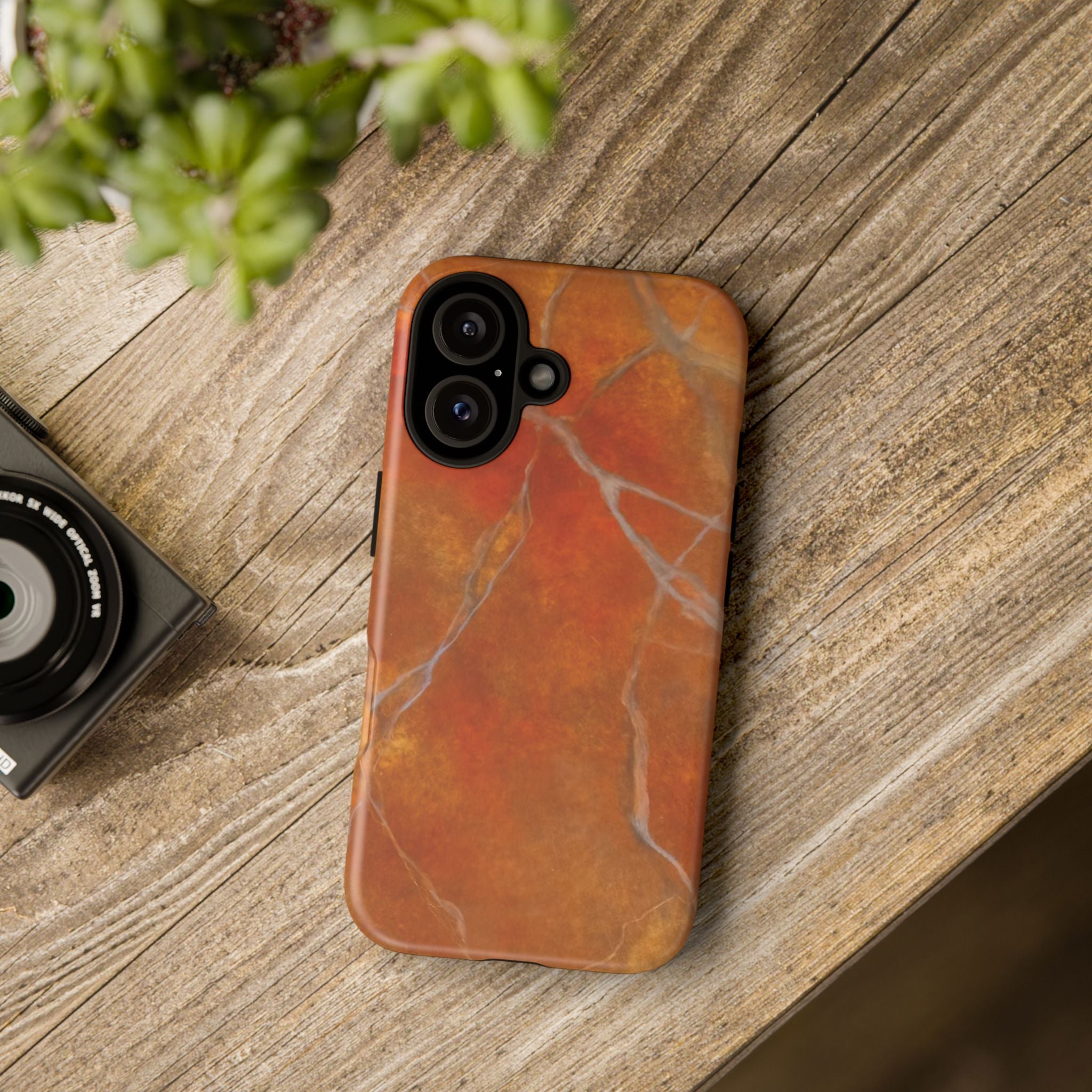 Phone case in sophisticated red orange marble design that is impact resistant tough in glossy or matte finish