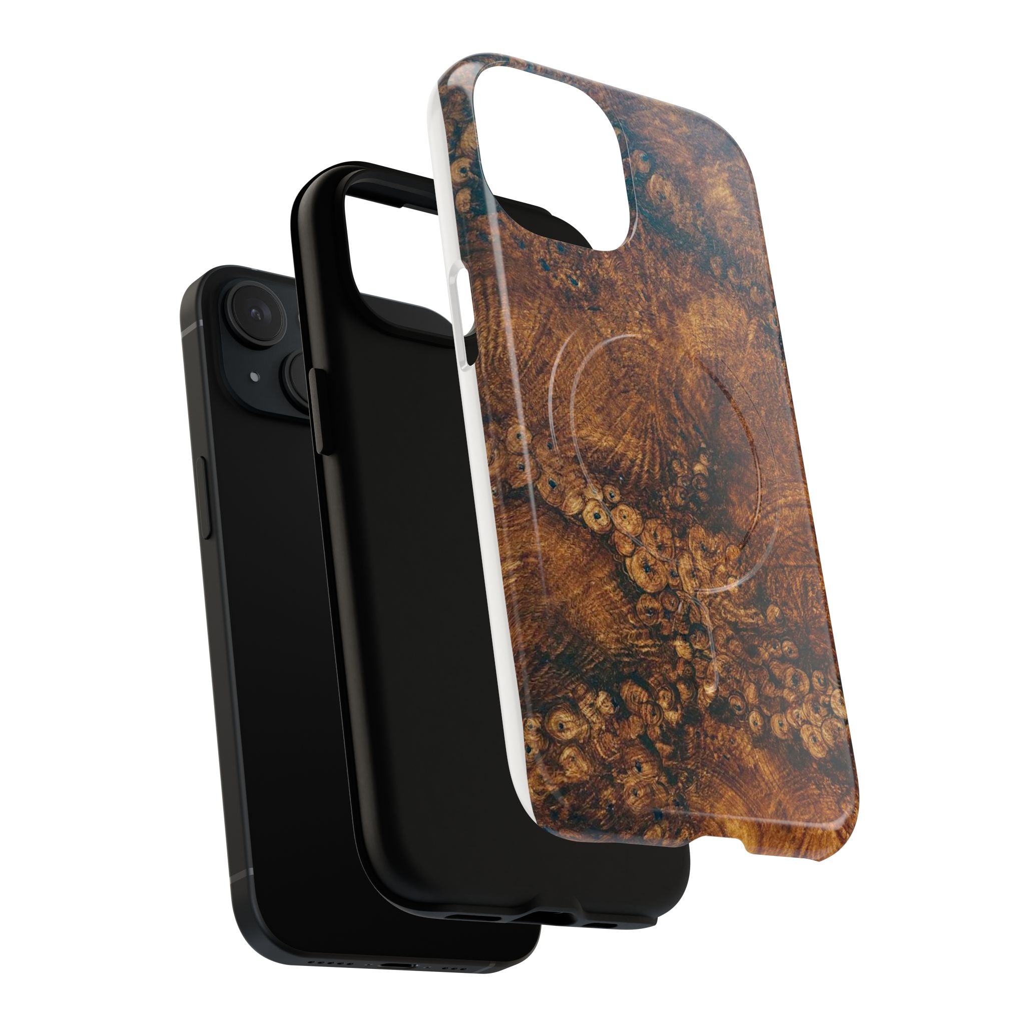 Magnetic iphone case with a natural Burl Wood Design compatible with MagSafe accessories in tough Dual Layer Shell