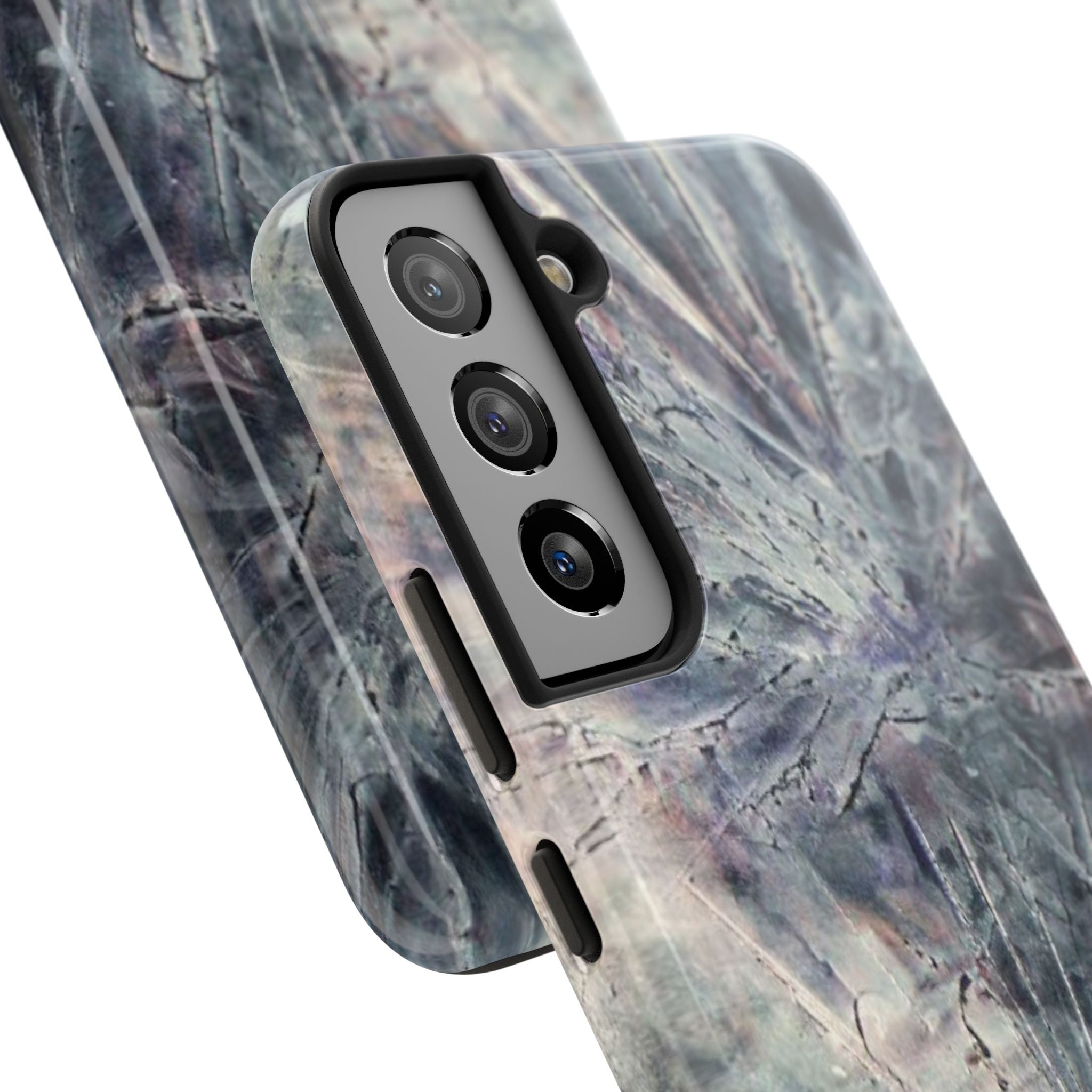 Phone case in abstract bursts of silver crystal design with rubber lining for strong impact and UV protection