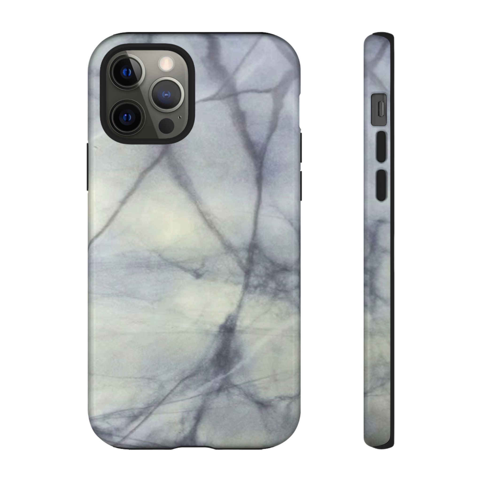 Phone case in impressive grey marble design with shock absorbing dual layer shell and UV resistance in 3D wrap