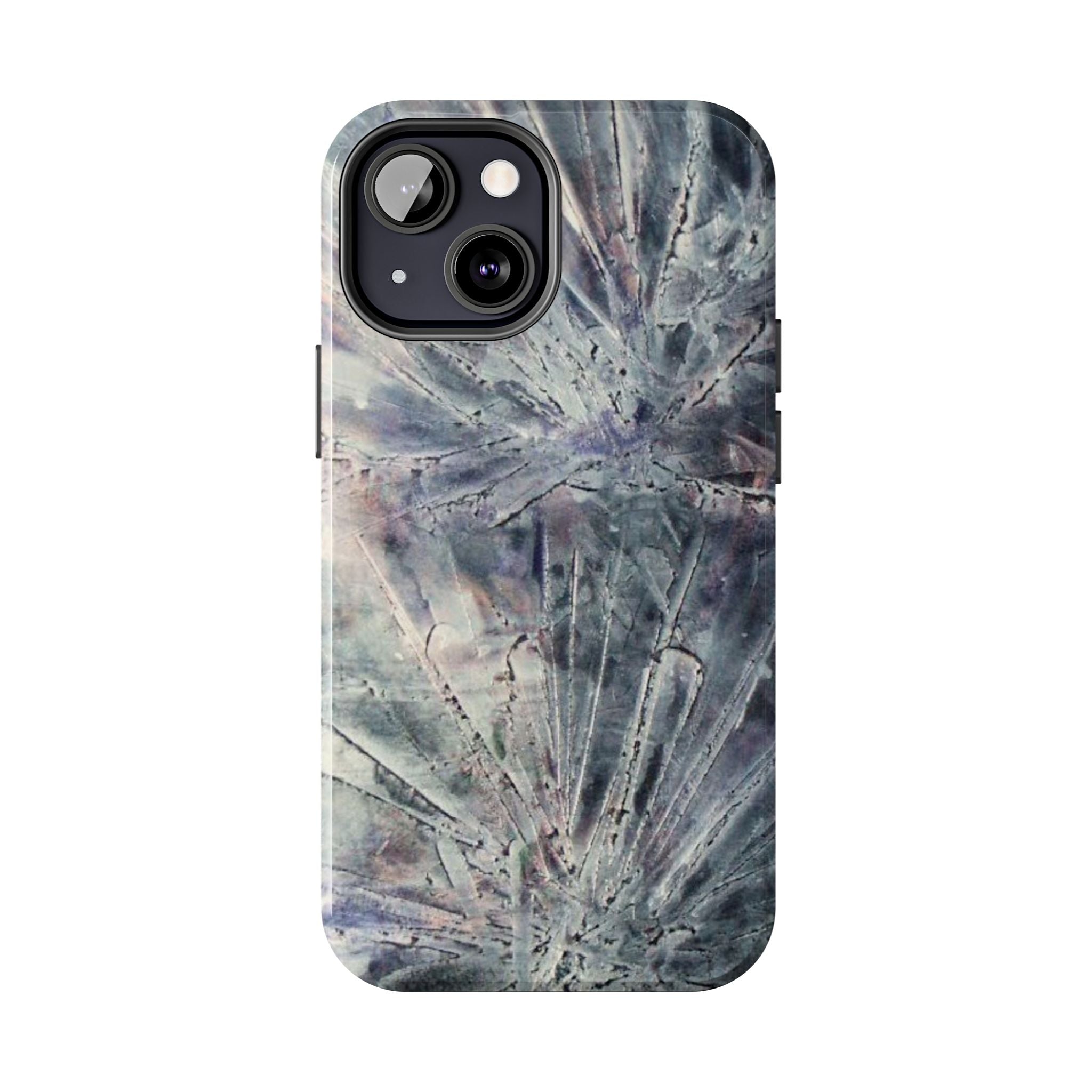 Phone case in abstract bursts of silver crystal design with rubber lining for strong impact and UV protection