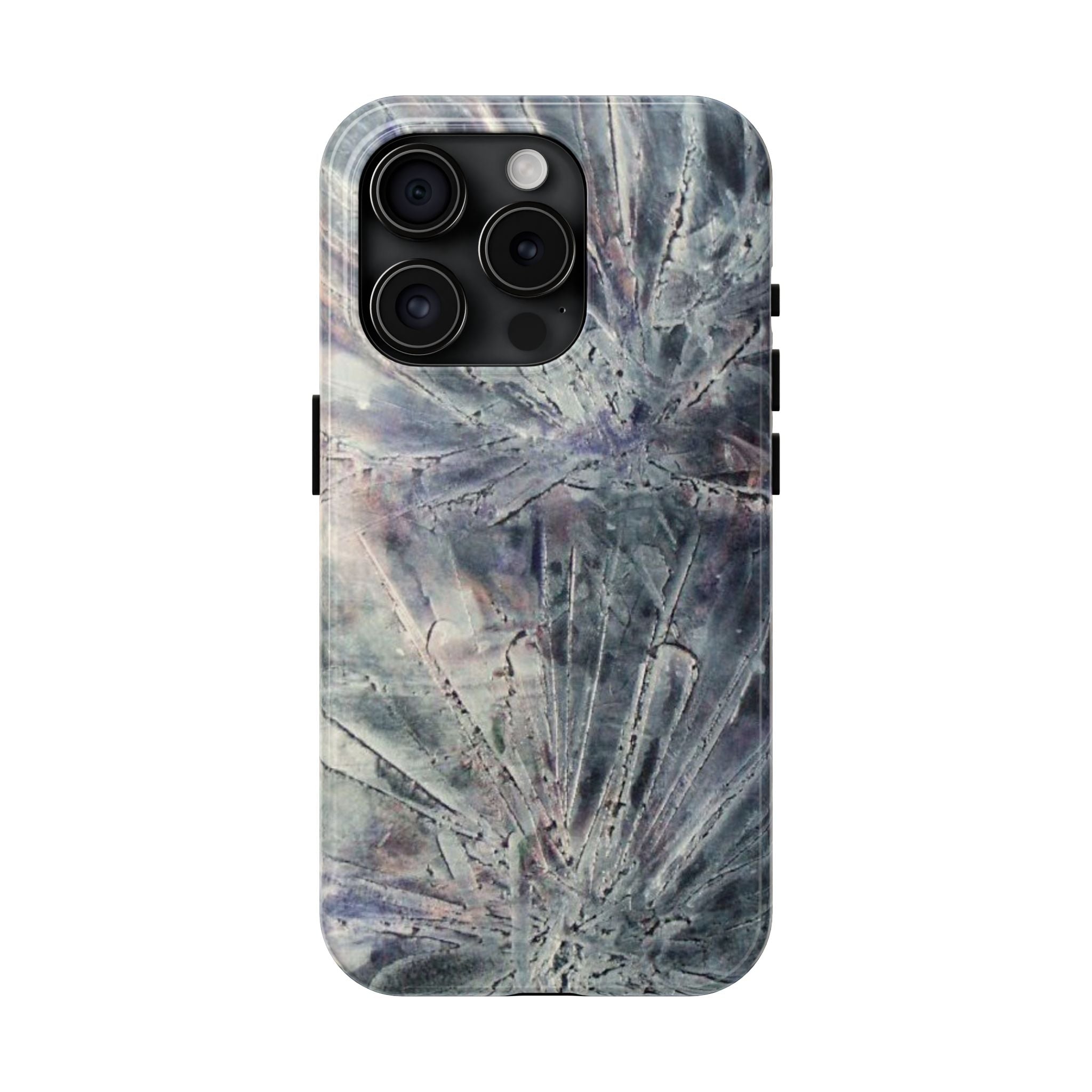 Phone case in abstract bursts of silver crystal design with rubber lining for strong impact and UV protection