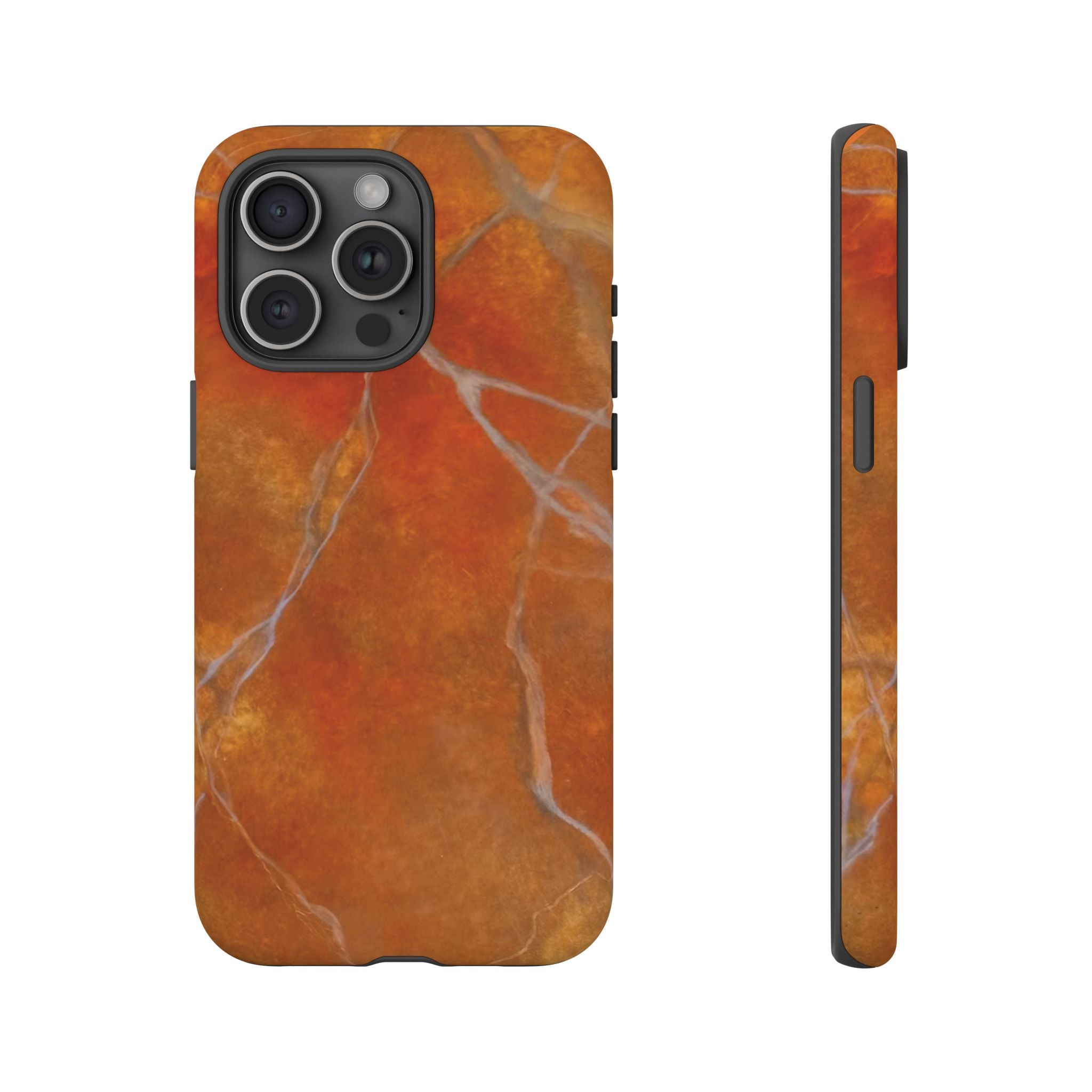 Phone case in sophisticated red orange marble design that is impact resistant tough in glossy or matte finish
