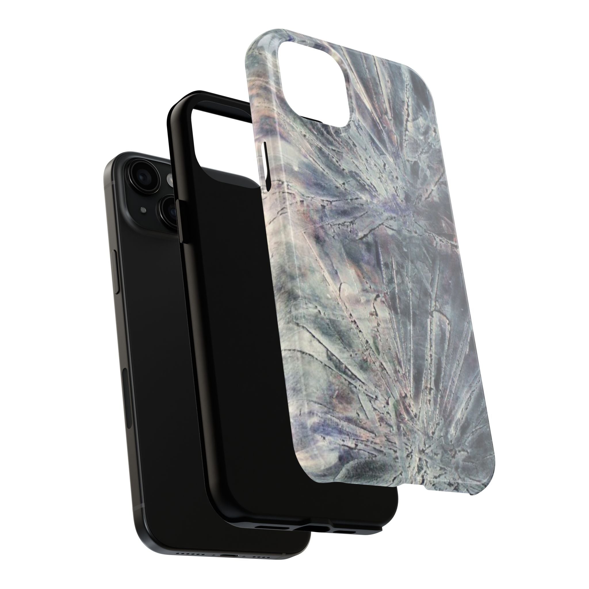 Phone case in abstract bursts of silver crystal design with rubber lining for strong impact and UV protection