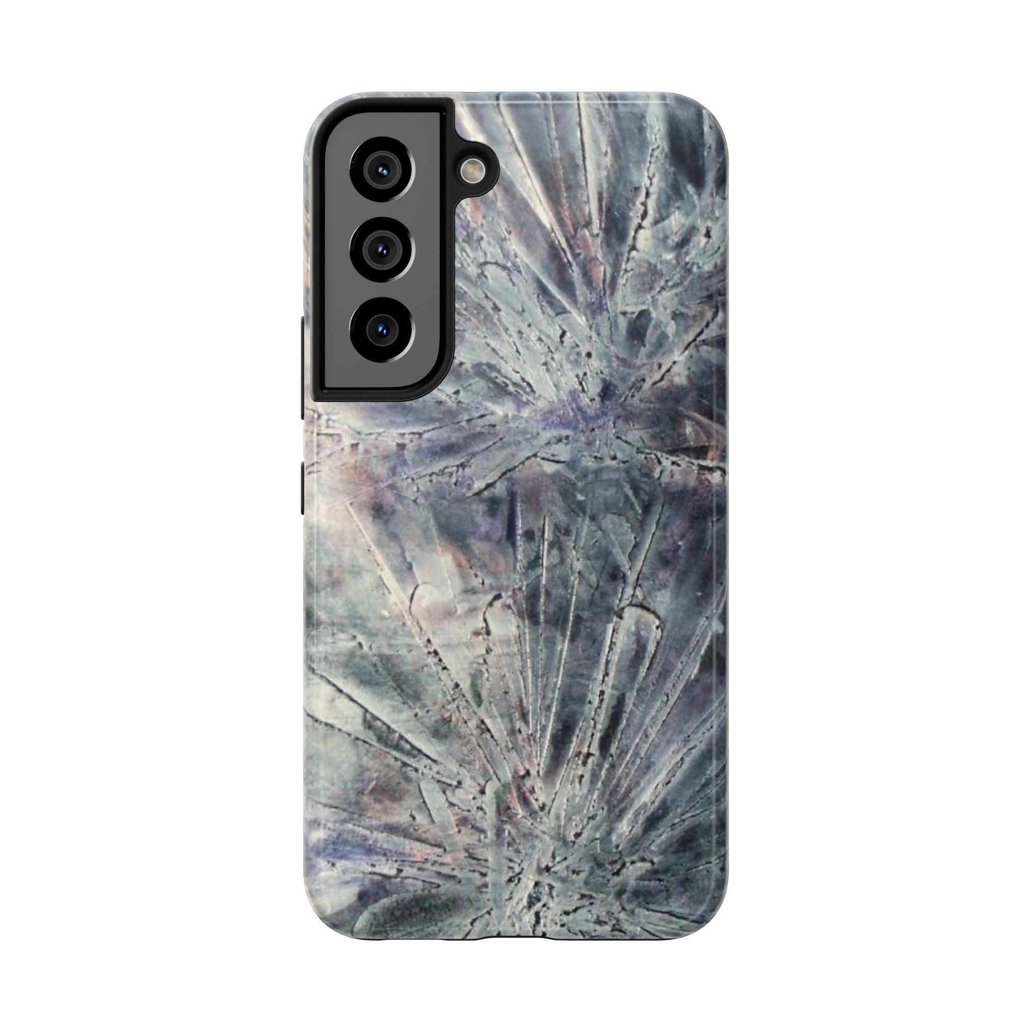 Phone case in abstract bursts of silver crystal design with rubber lining for strong impact and UV protection