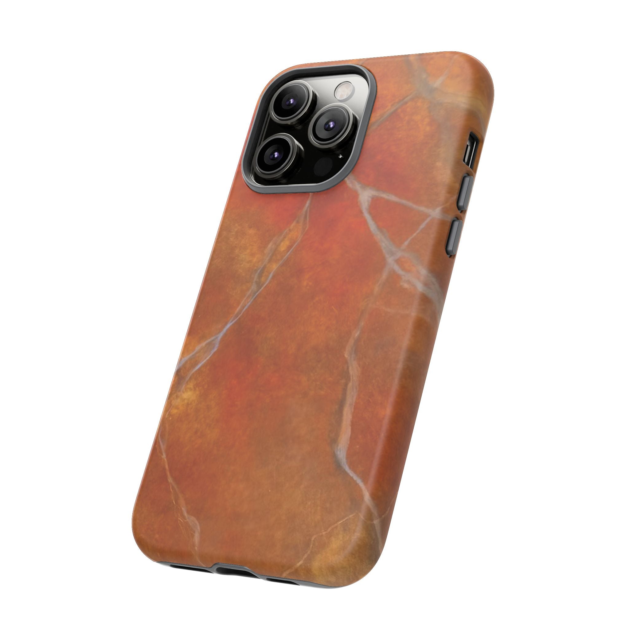 Phone case in sophisticated red orange marble design that is impact resistant tough in glossy or matte finish