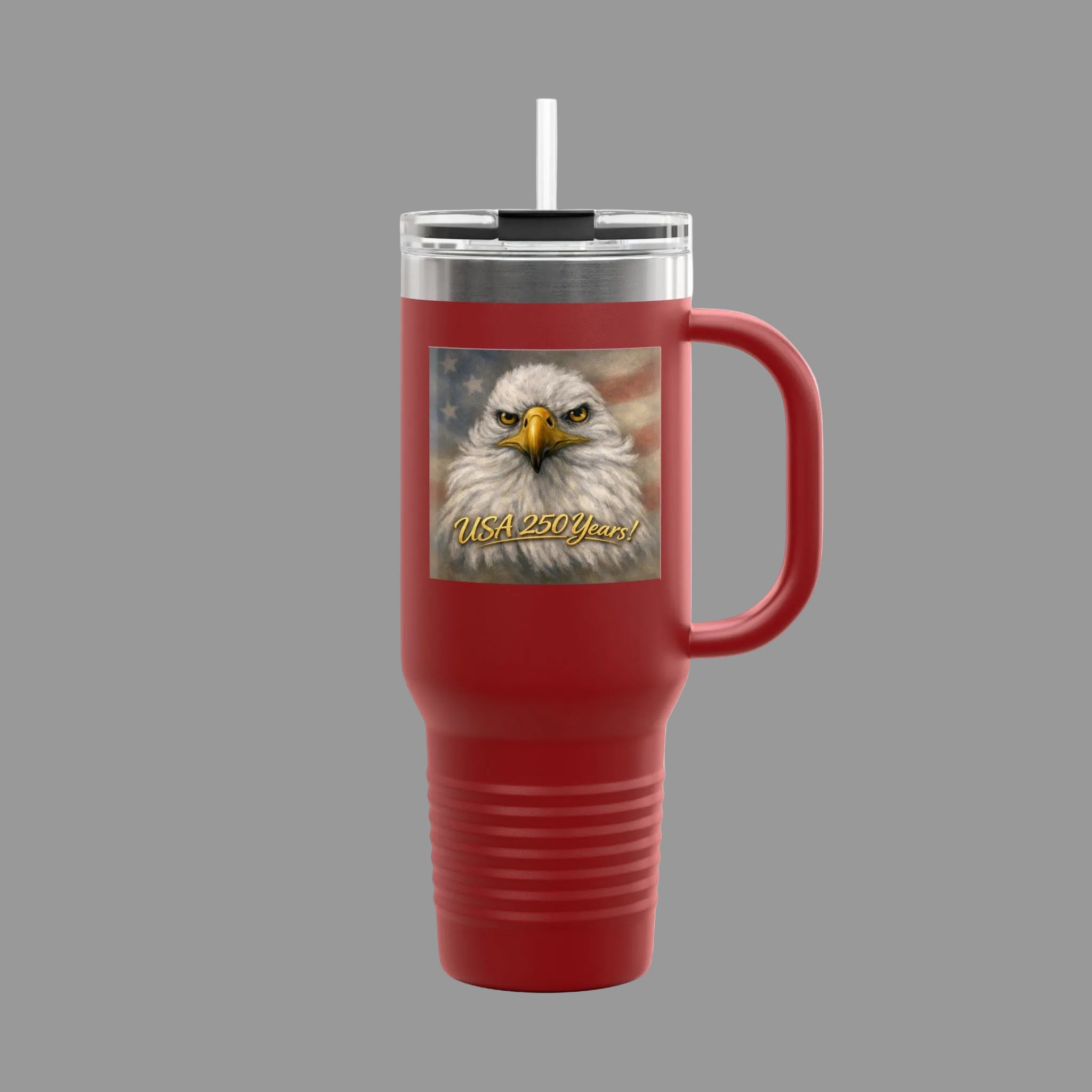 Red travel mug with a bald eagle painting and 'USA 250 Years!'