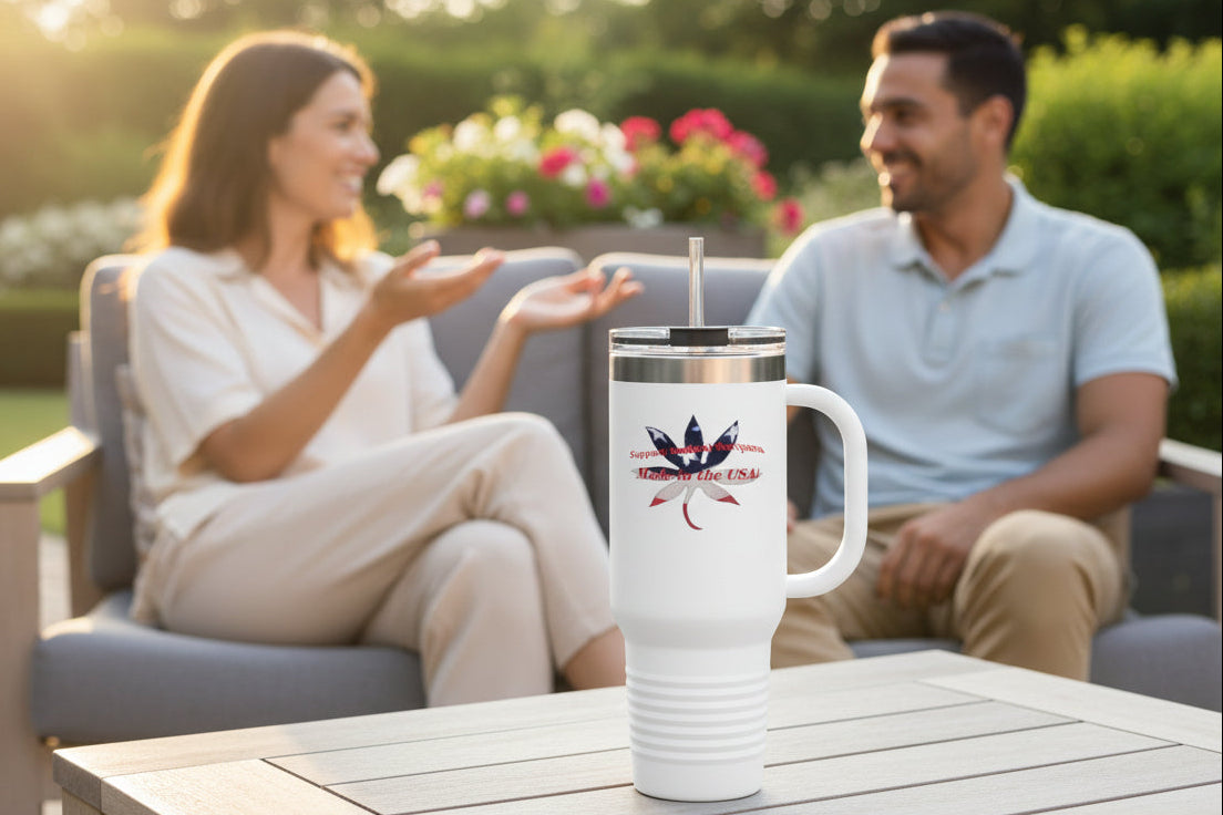 40oz White stainless steel travel mug with a cannabis leaf and made in the USA text 